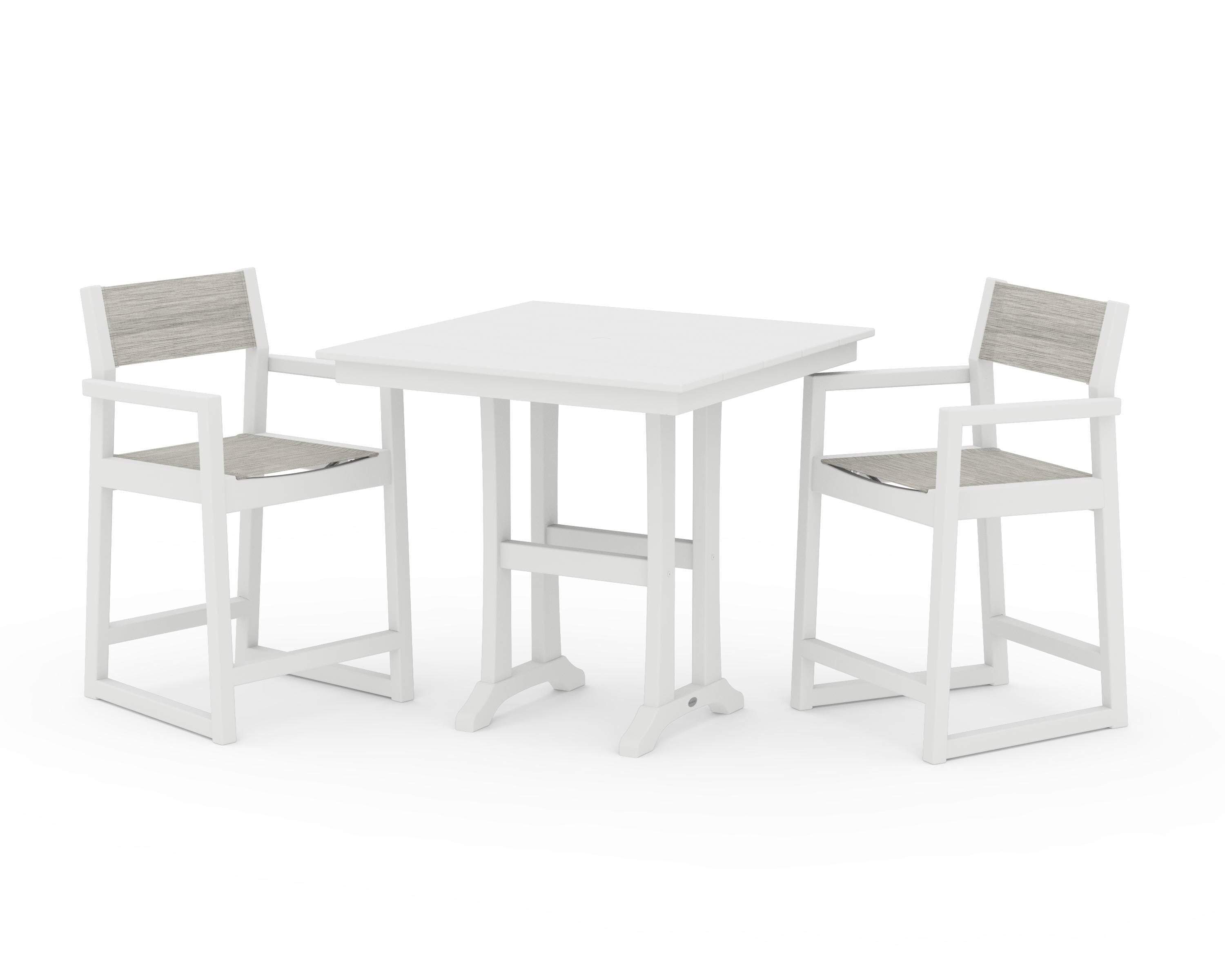 POLYWOOD EDGE Sling Arm Chair 3-Piece Farmhouse Counter Set with Trestle Legs in White / Birch Sling