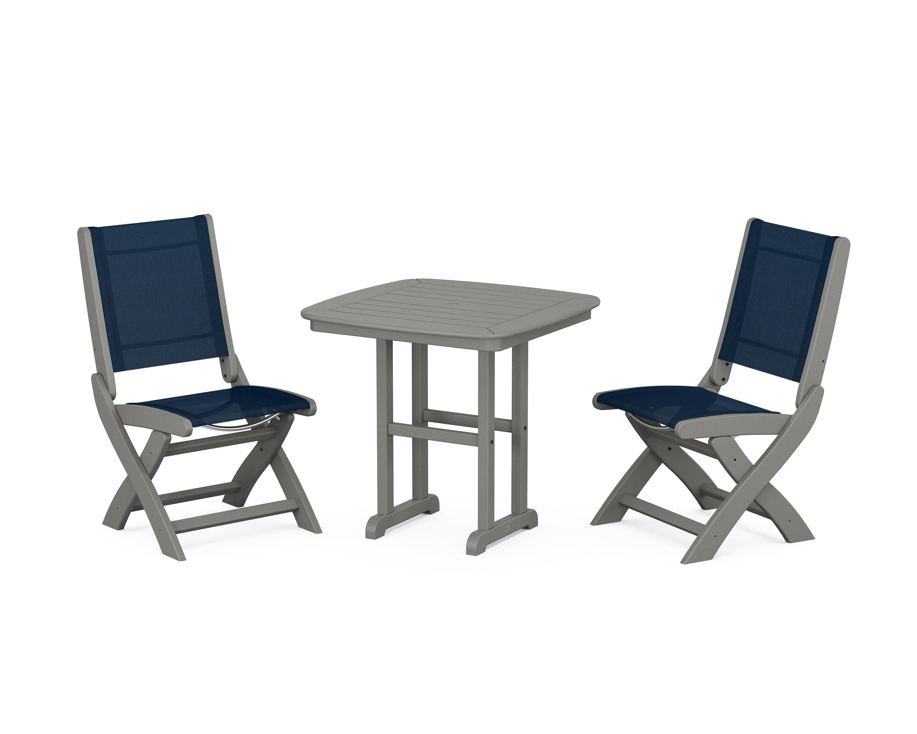 POLYWOOD Coastal Folding Side Chair 3-Piece Dining Set in Slate Grey / Navy Blue Sling