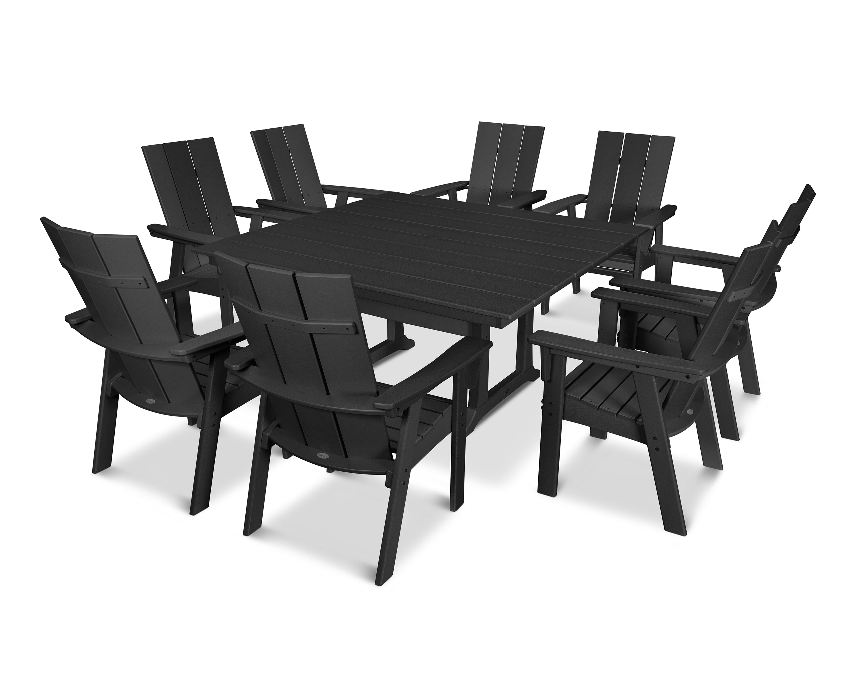 POLYWOOD® Modern Curveback Adirondack 9-Piece Farmhouse Trestle Dining Set in Black