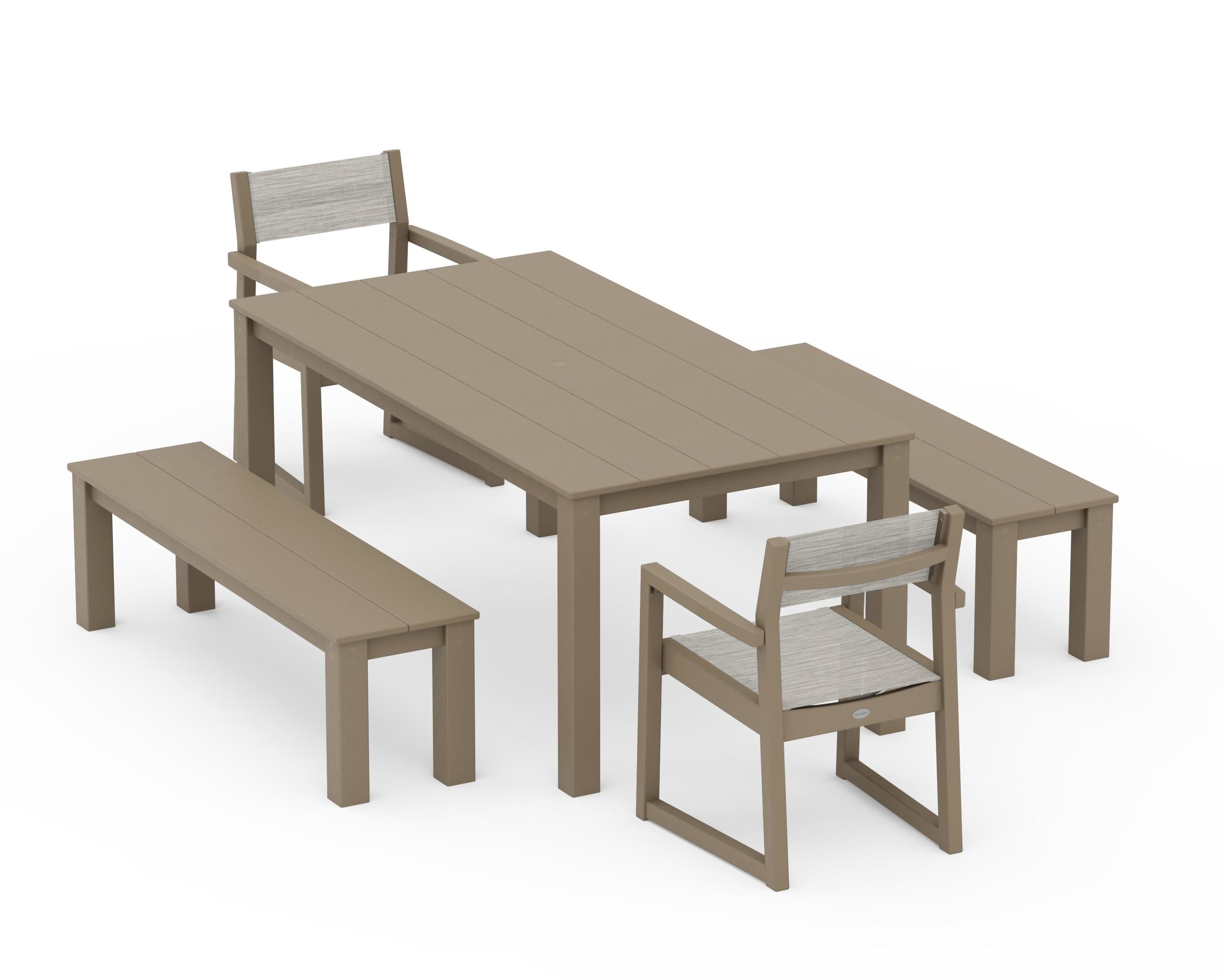 POLYWOOD EDGE Sling Arm Chair 5-Piece Parsons Dining Set with Benches in Vintage Sahara / Birch Sling
