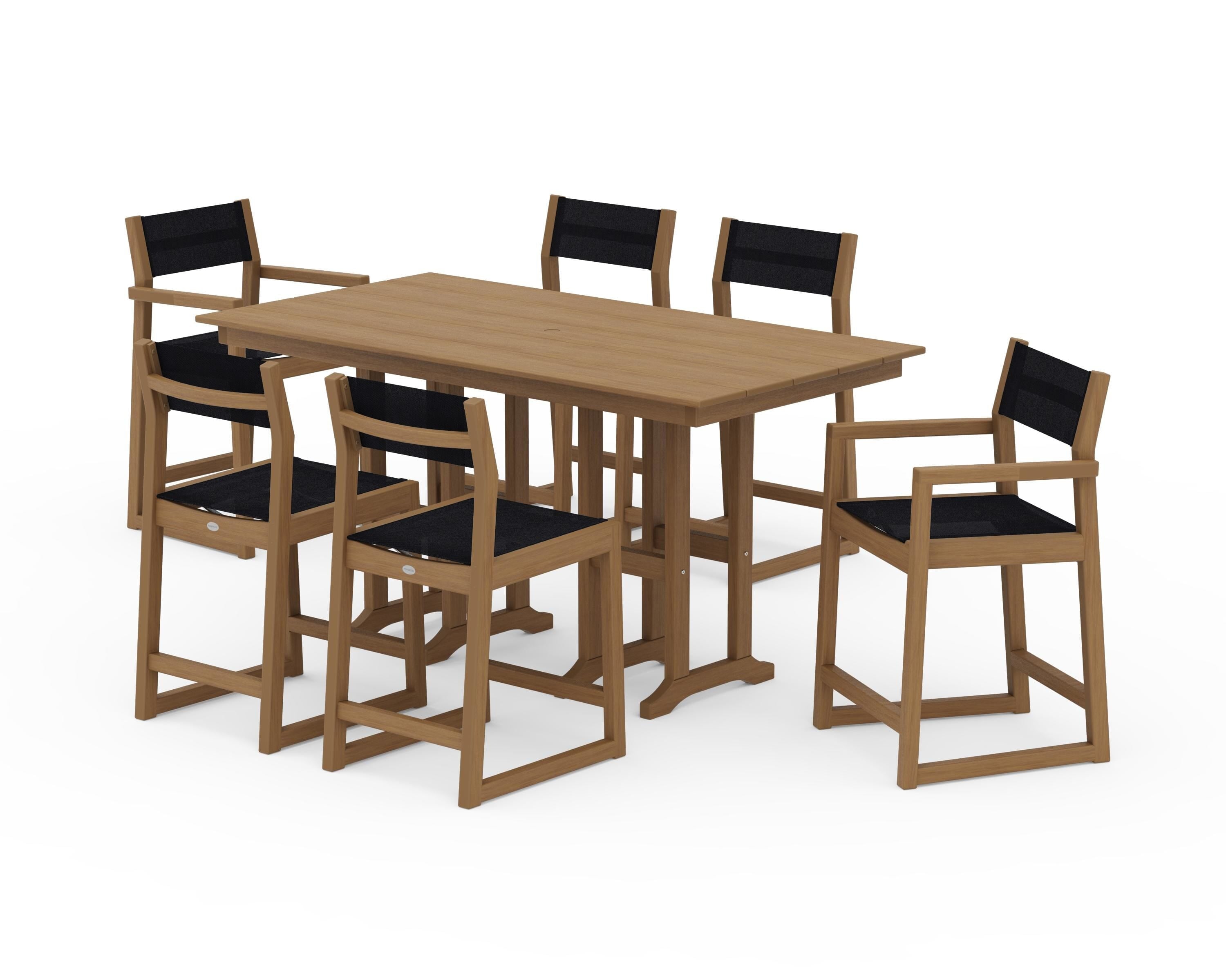 POLYWOOD EDGE Sling 7-Piece Farmhouse Counter Set with Trestle Legs in Natural / Black Sling