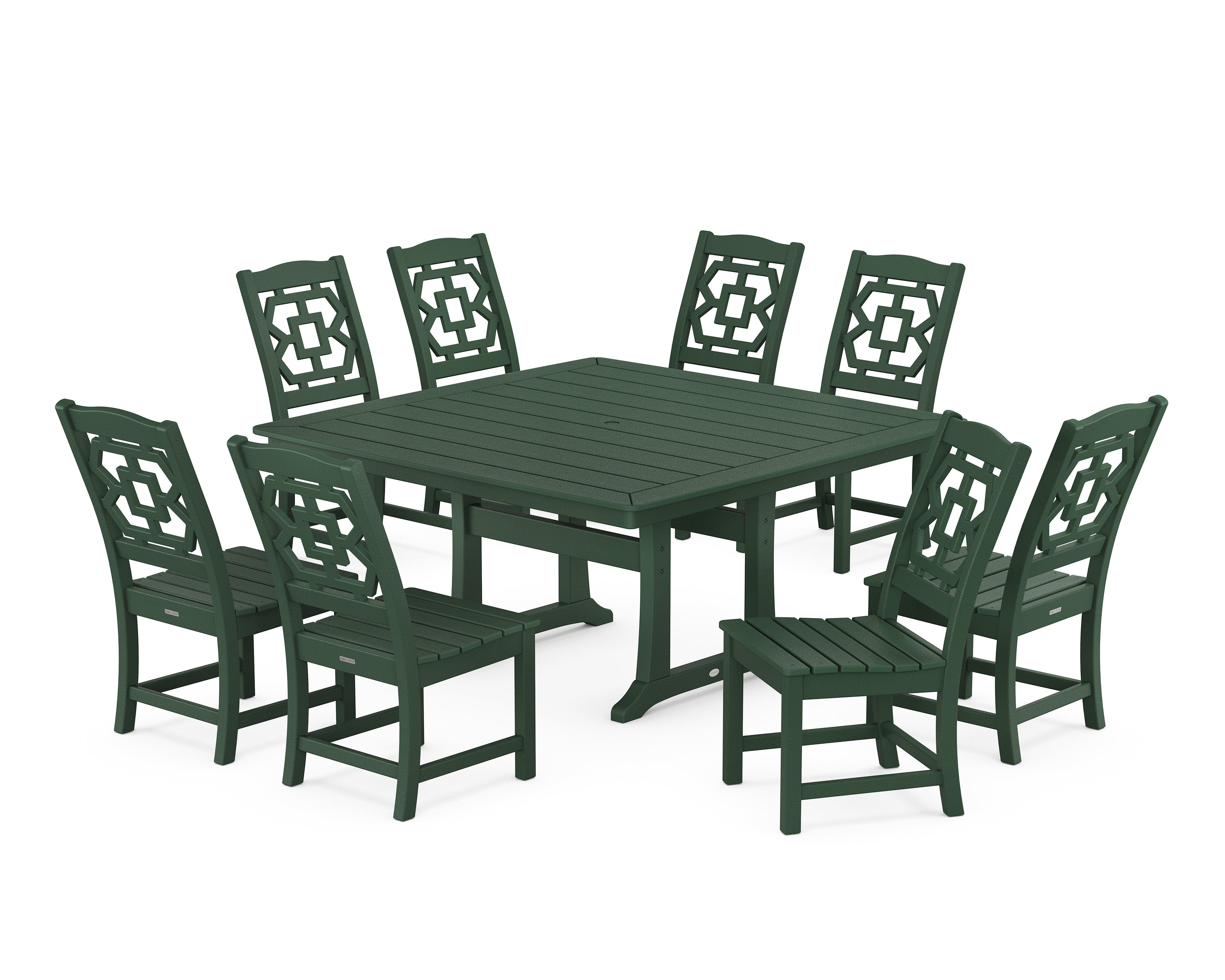 Martha Stewart by POLYWOOD® Chinoiserie 9-Piece Square Side Chair Dining Set with Trestle Legs in Green
