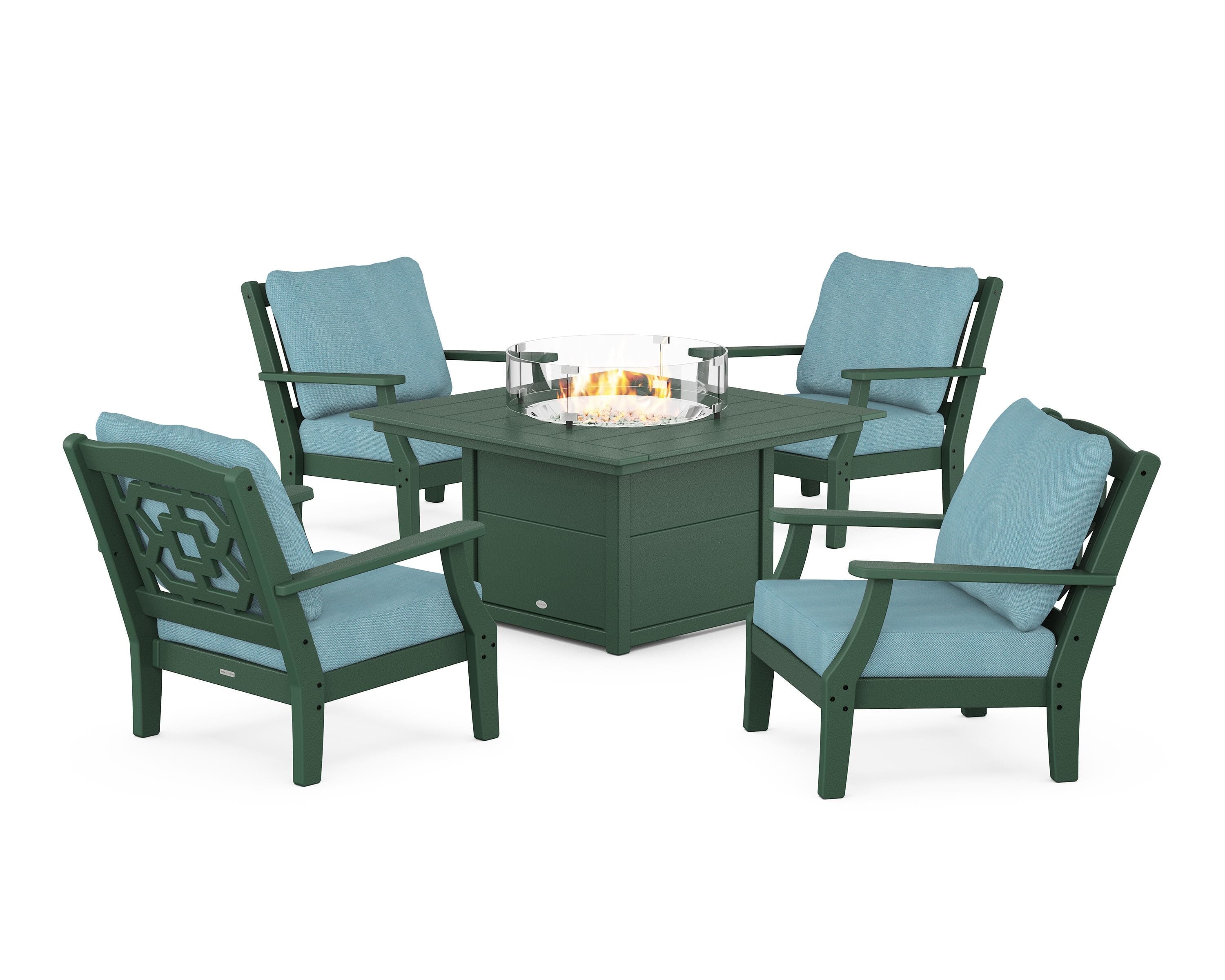 Martha Stewart by POLYWOOD Chinoiserie 5-Piece Deep Seating Set with Fire Pit Table in Green / Lattice Sky Blue