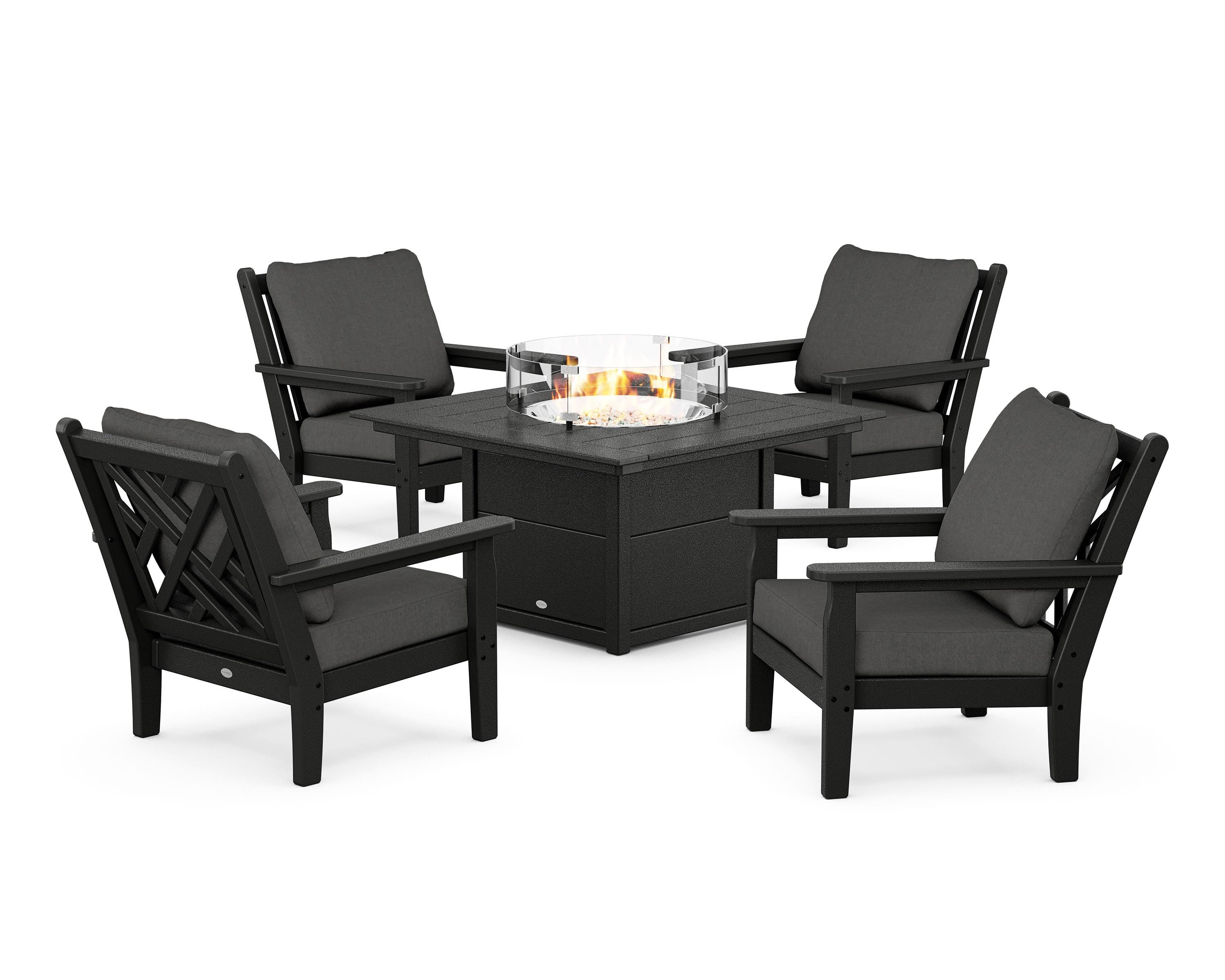 POLYWOOD Chippendale 5-Piece Deep Seating Set with Fire Pit Table in Black / Spectrum Carbon