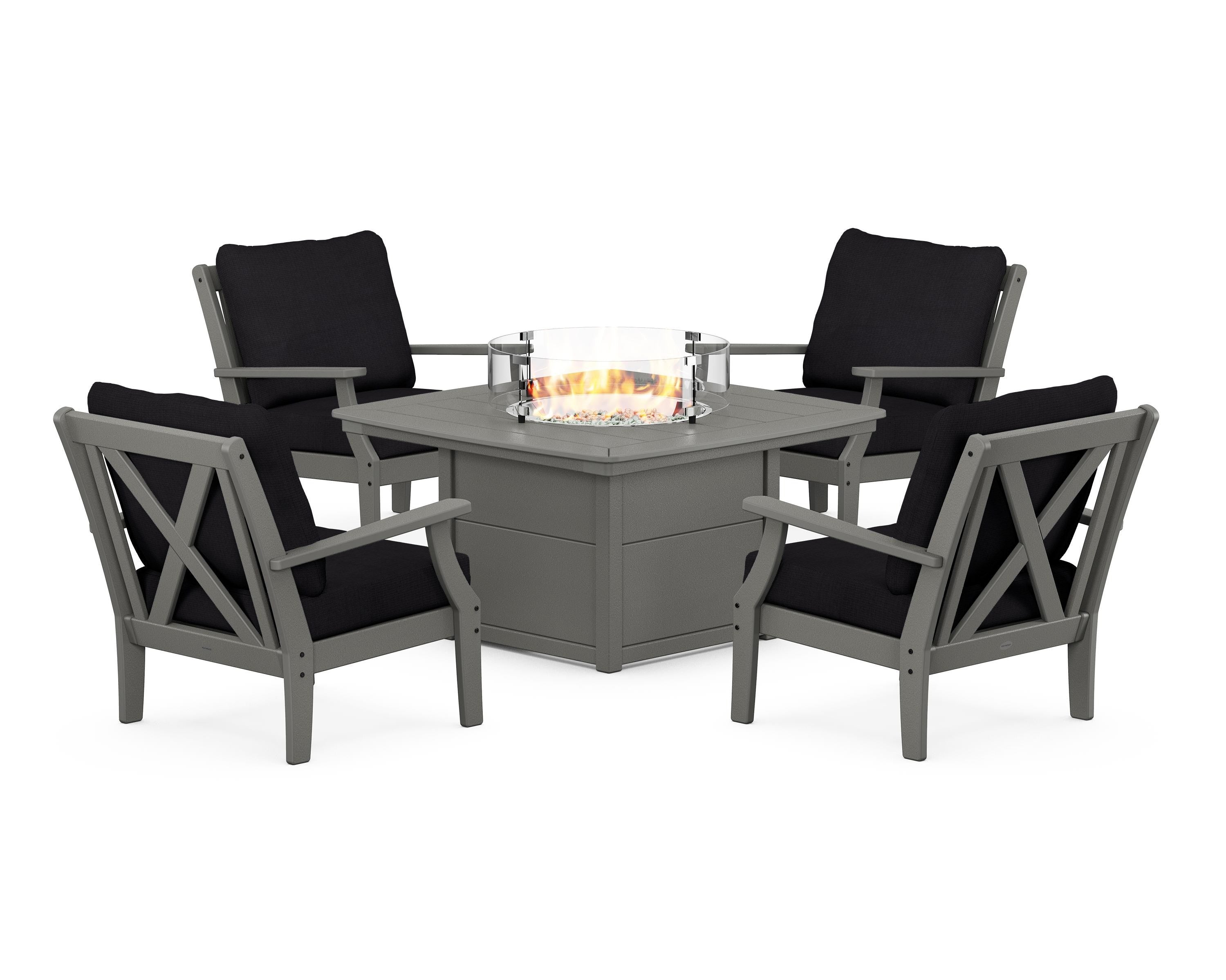 POLYWOOD Braxton 5-Piece Deep Seating Conversation Set with Fire Pit Table in Slate Grey / Midnight Linen