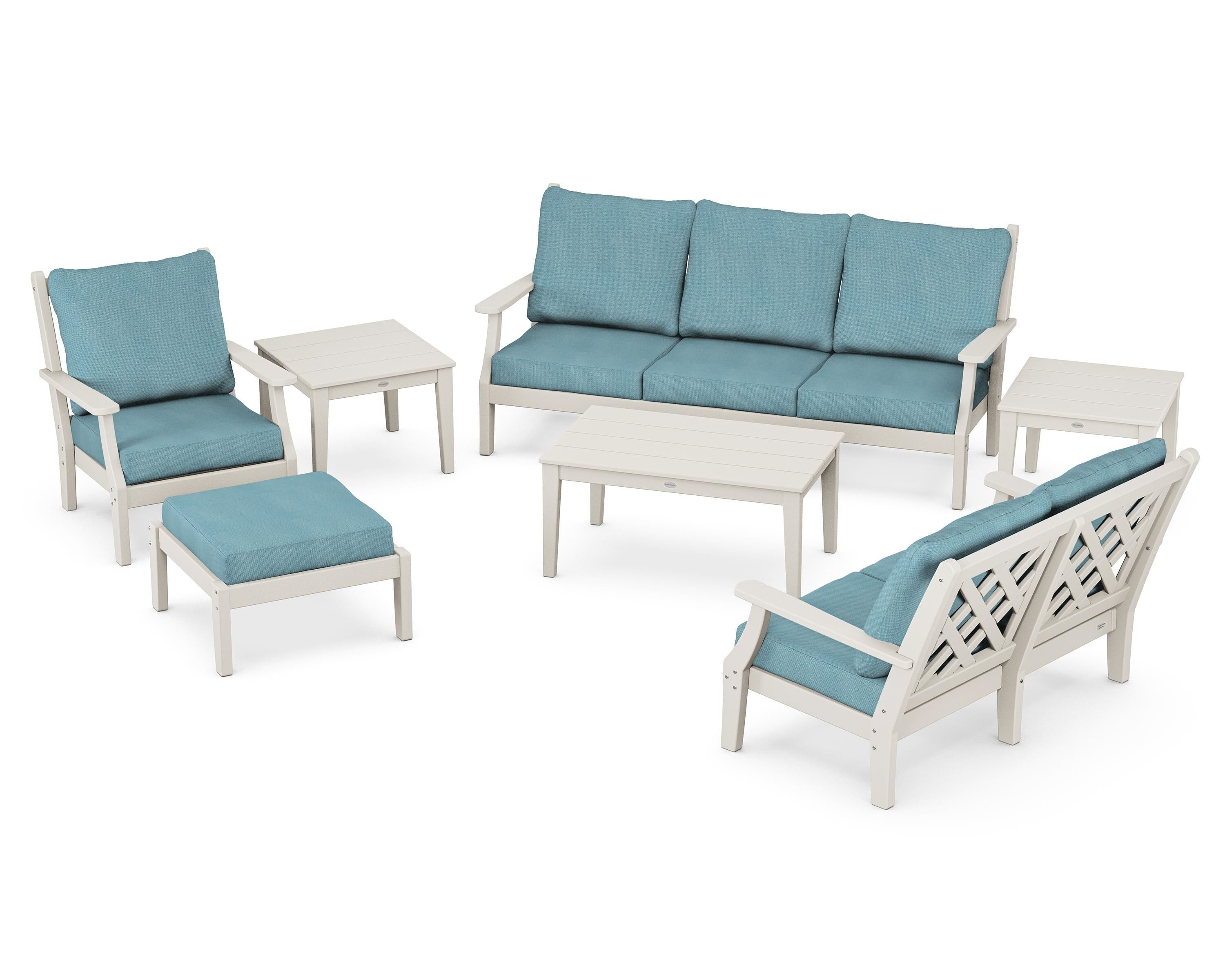 Country Living Wovendale 7-Piece Deep Seating Set in Sand / Lattice Sky Blue