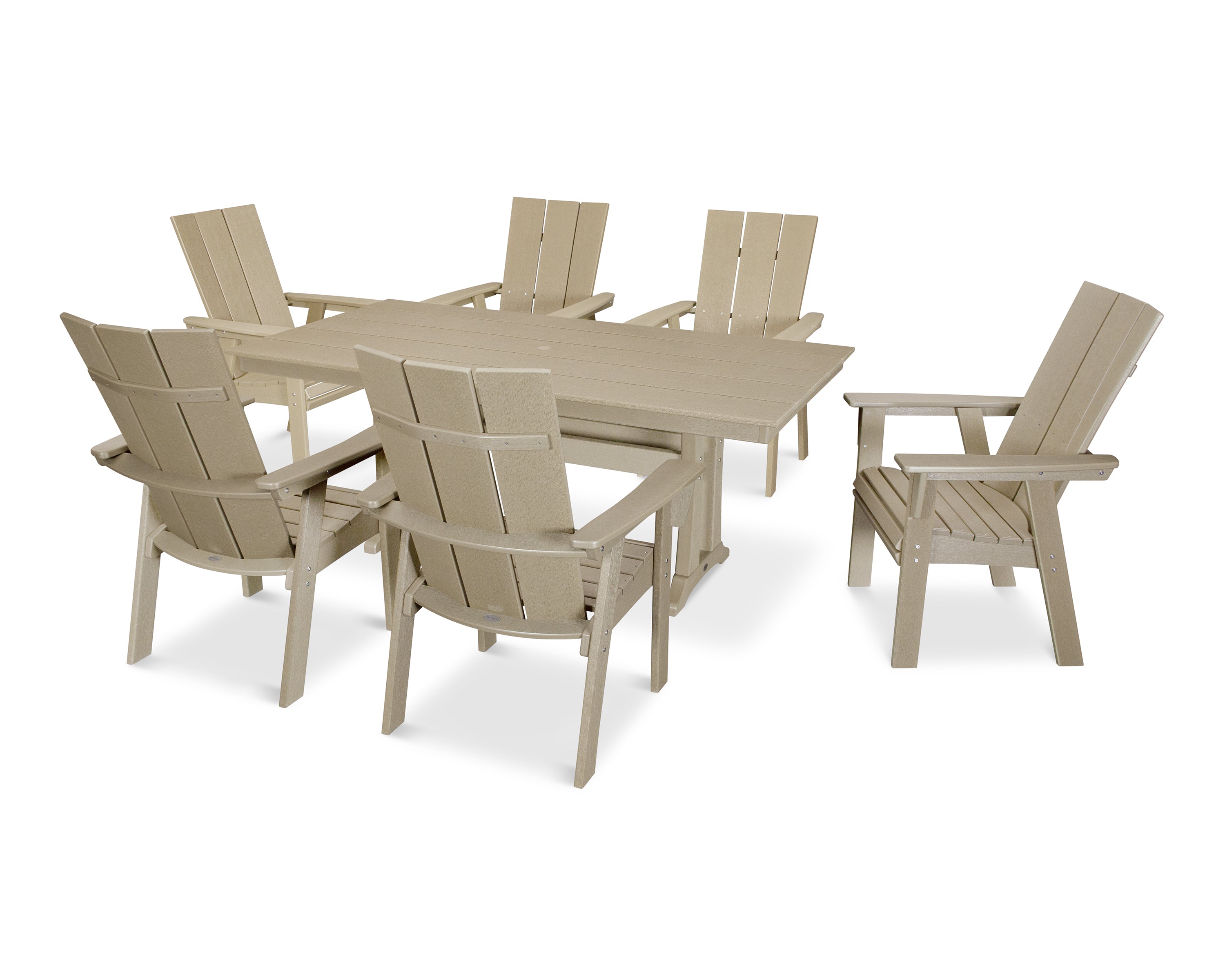 POLYWOOD Modern Curveback Adirondack 7-Piece Farmhouse Dining Set with Trestle Legs in Vintage Sahara