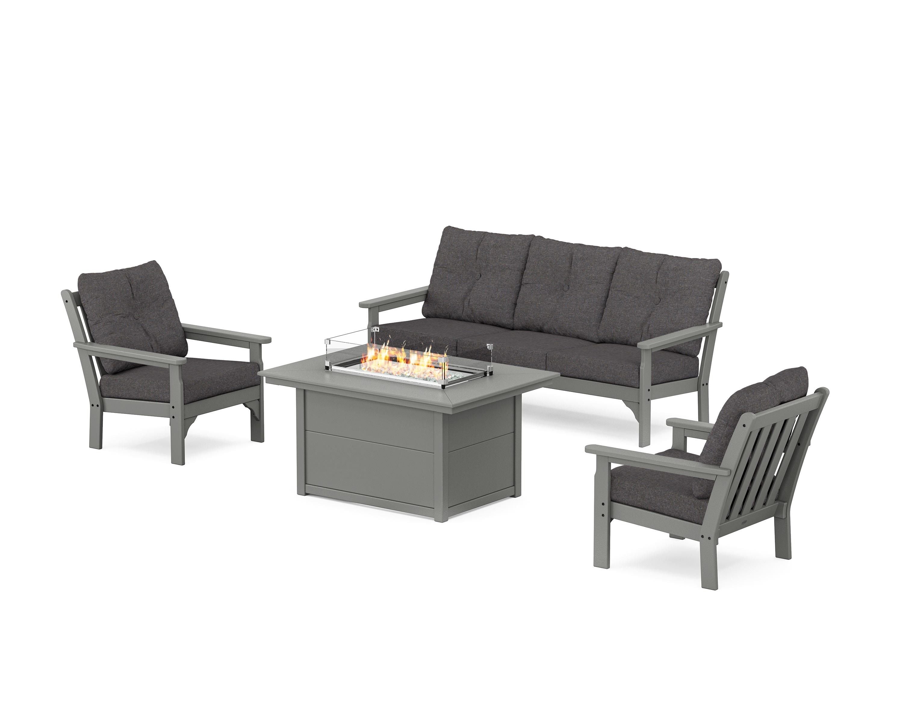 POLYWOOD Vineyard Deep Seating Fire Pit Table Set in Slate Grey / Ash Charcoal