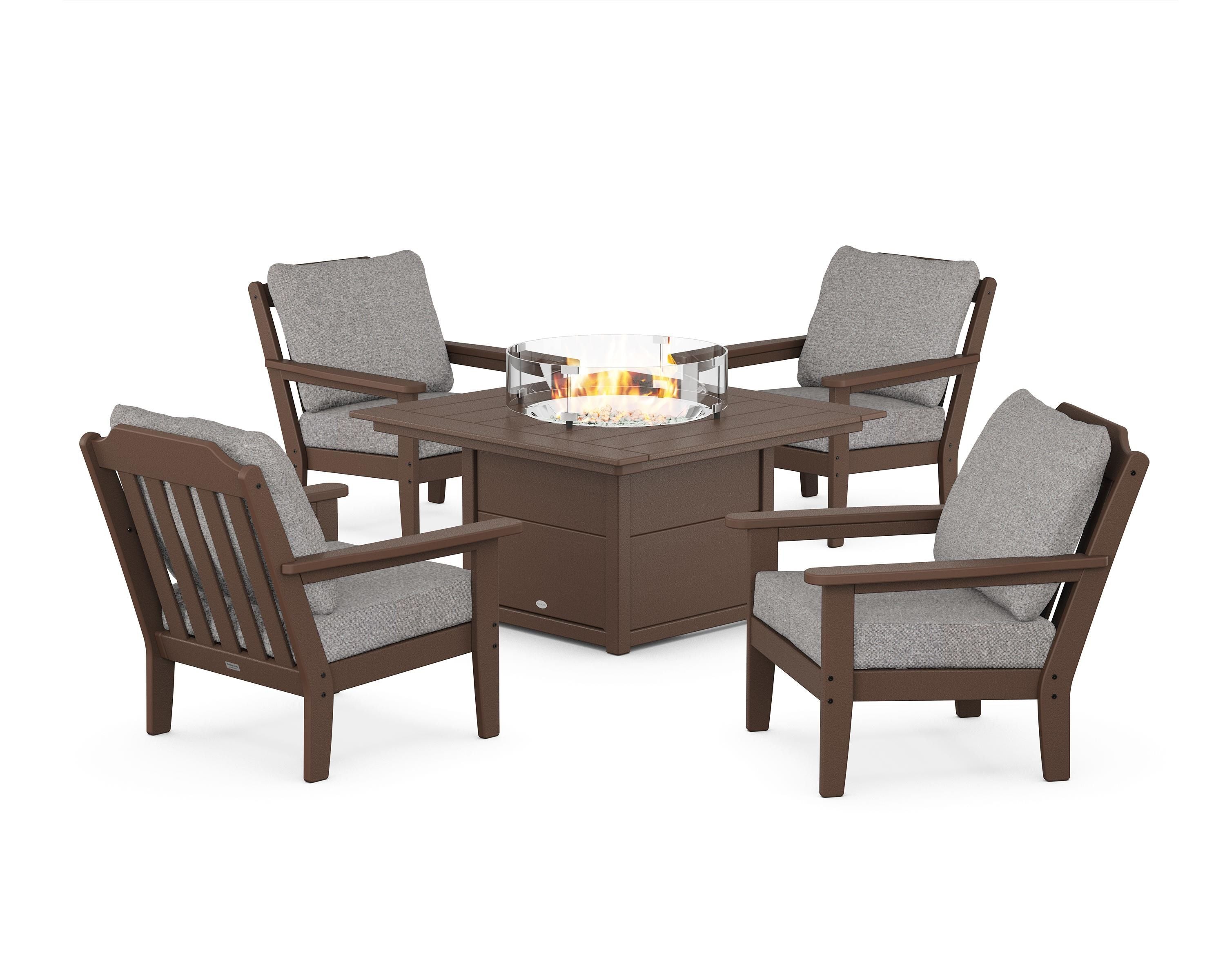 Country Living Cottage 5-Piece Deep Seating Set with Fire Pit Table in Mahogany / Grey Mist
