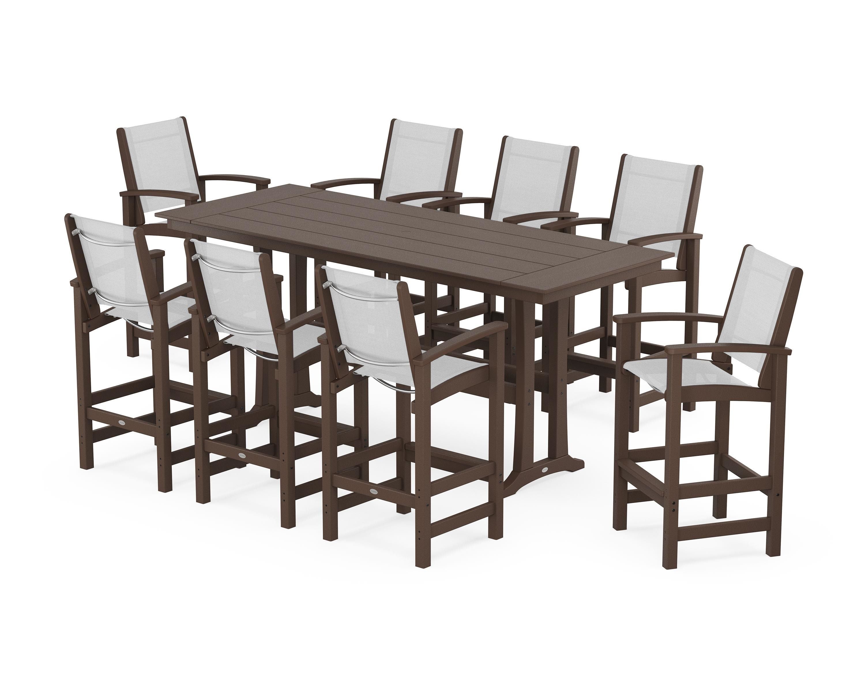 POLYWOOD Coastal 9-Piece Farmhouse Bar Set with Trestle Legs in Mahogany / White Sling