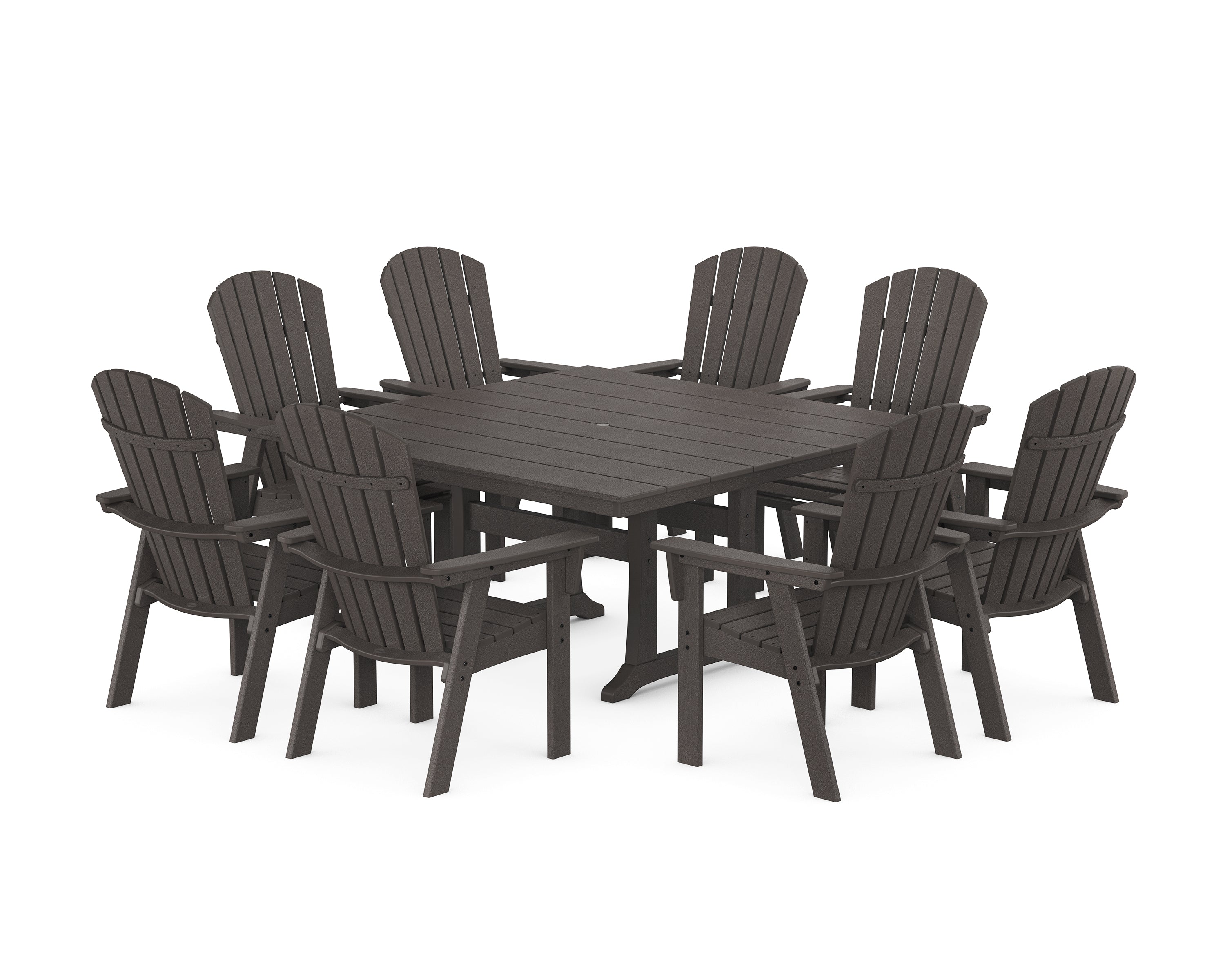 POLYWOOD Nautical Curveback Adirondack 9-Piece Square Dining Set with Trestle Legs in Vintage Coffee