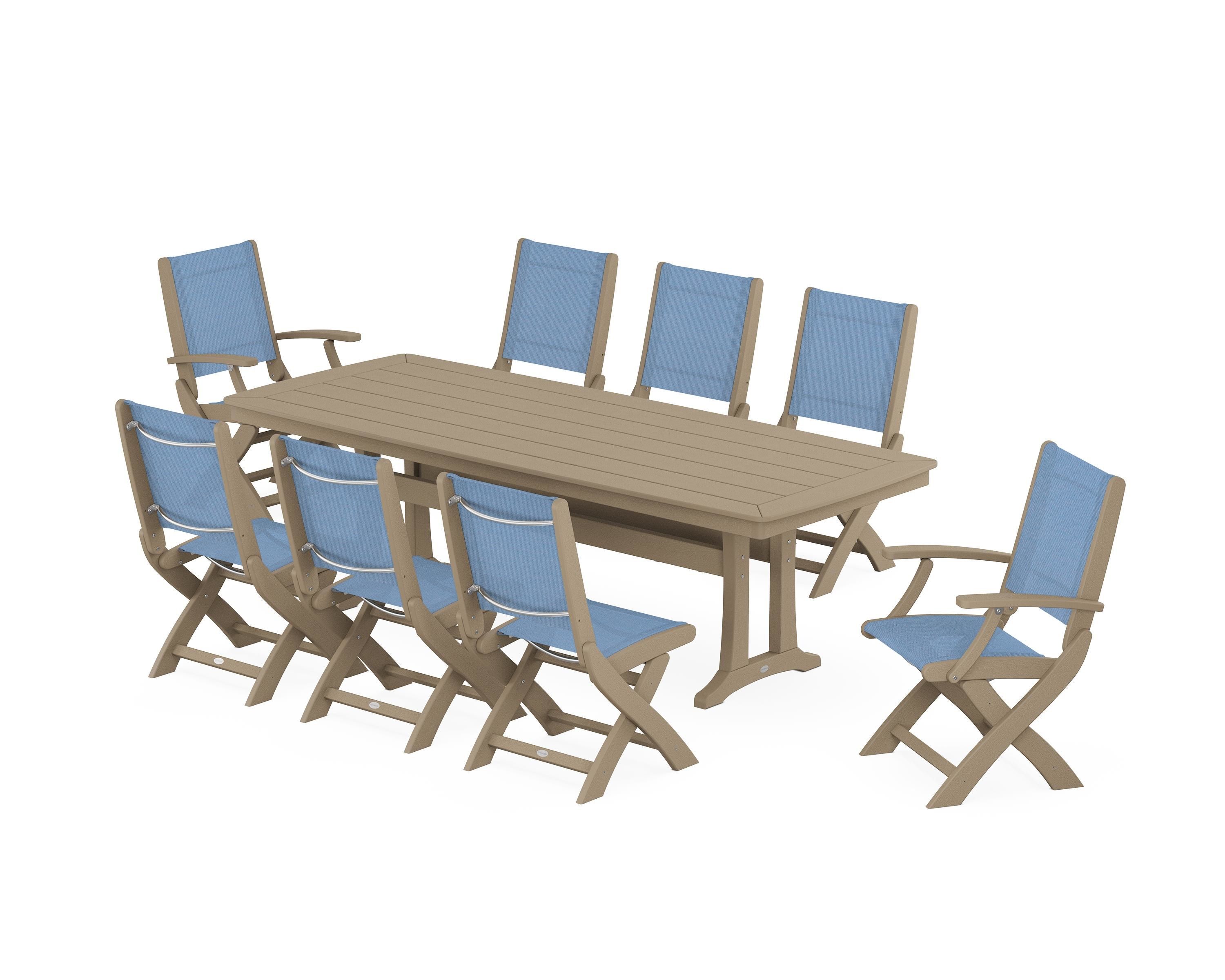 POLYWOOD Coastal Folding 9-Piece Dining Set with Trestle Legs in Vintage Sahara / Poolside Sling