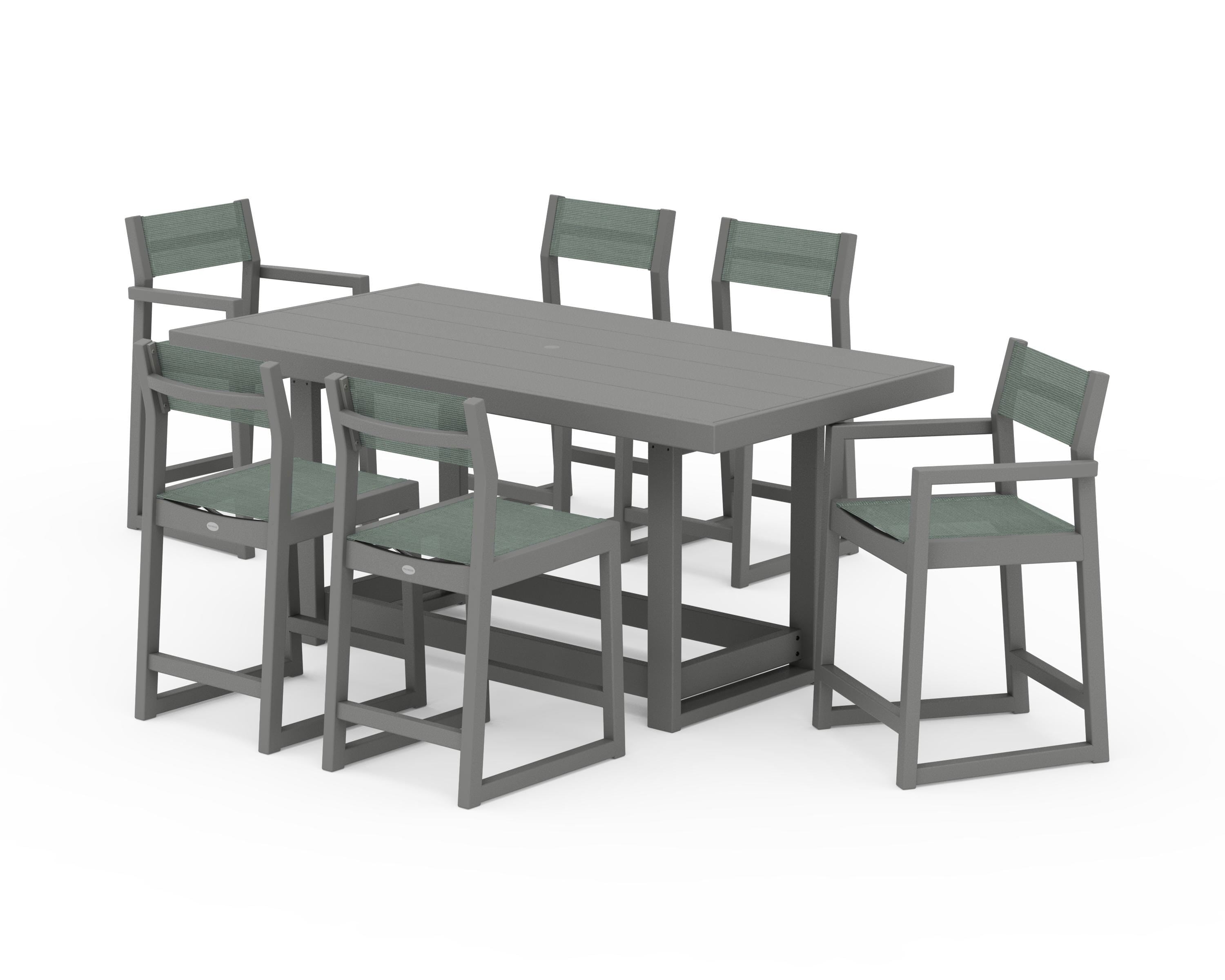 POLYWOOD EDGE Sling 7-Piece Counter Table Set in Slate Grey / Dupioni Sea Mist Sling