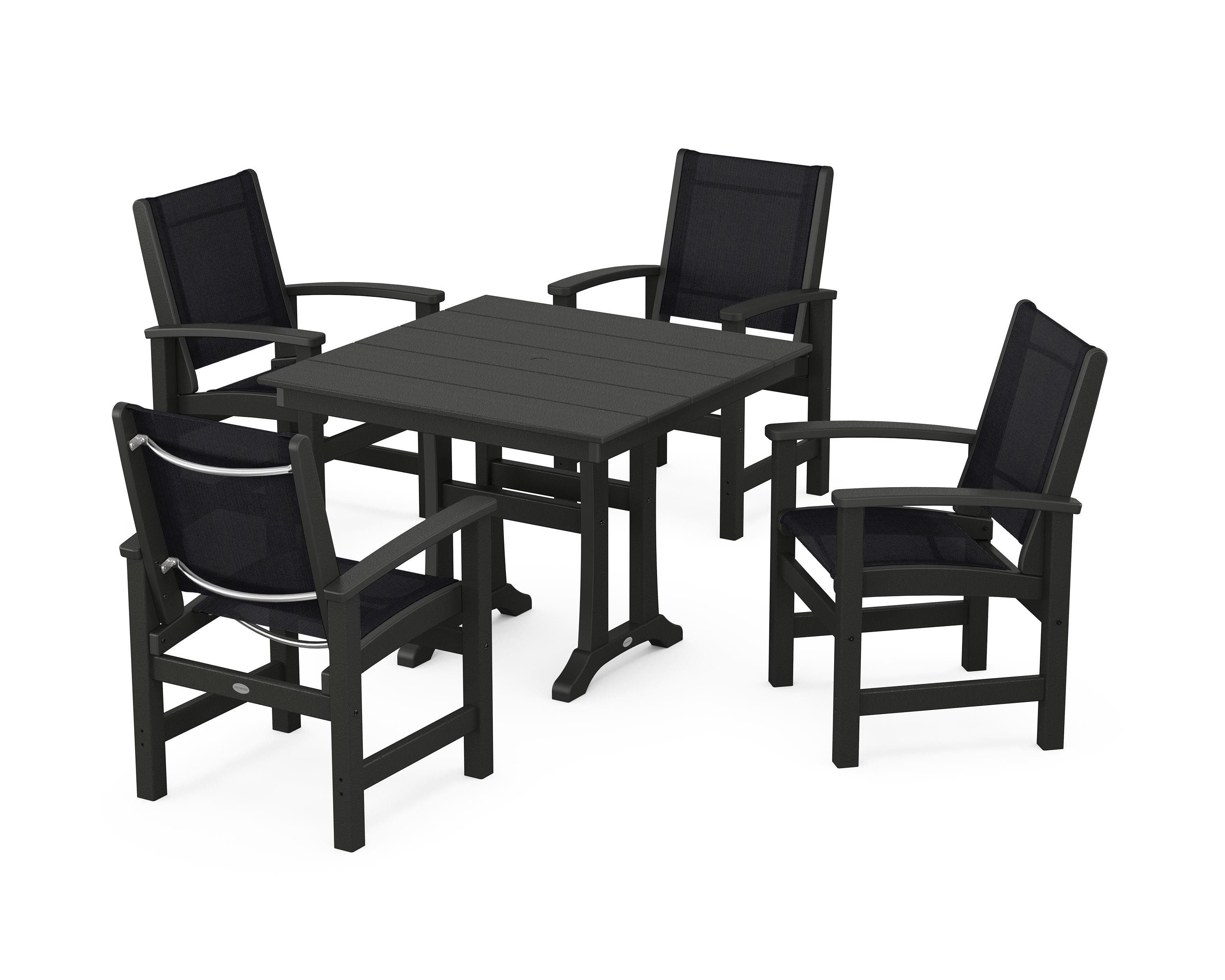 POLYWOOD Coastal 5-Piece Farmhouse Dining Set With Trestle Legs in Black / Black Sling