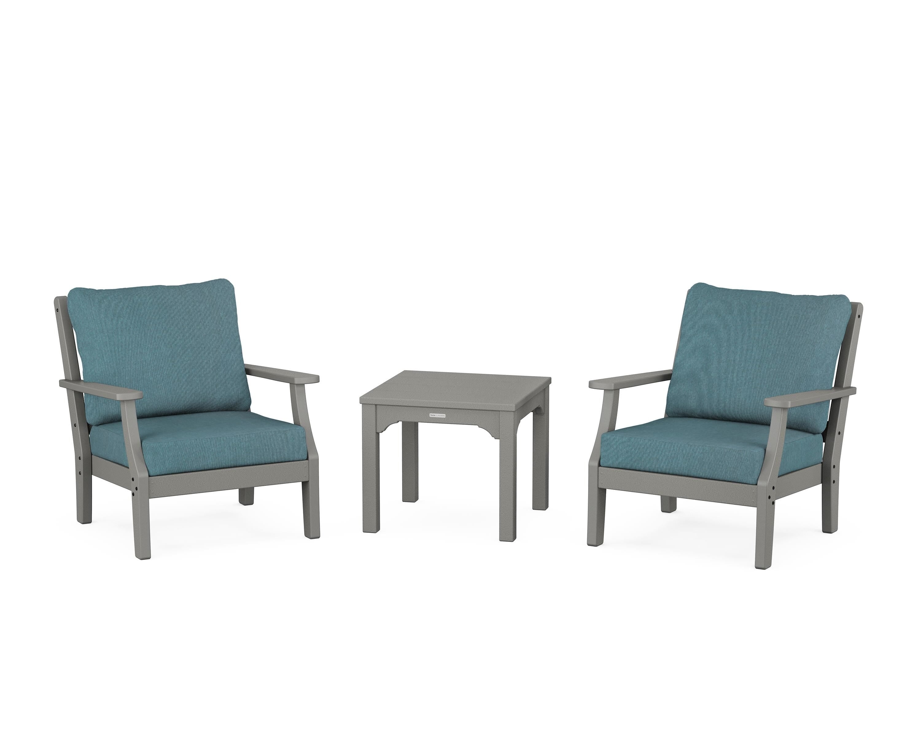 Martha Stewart by POLYWOOD Chinoiserie 3-Piece Deep Seating Set in Slate Grey / Ocean Teal