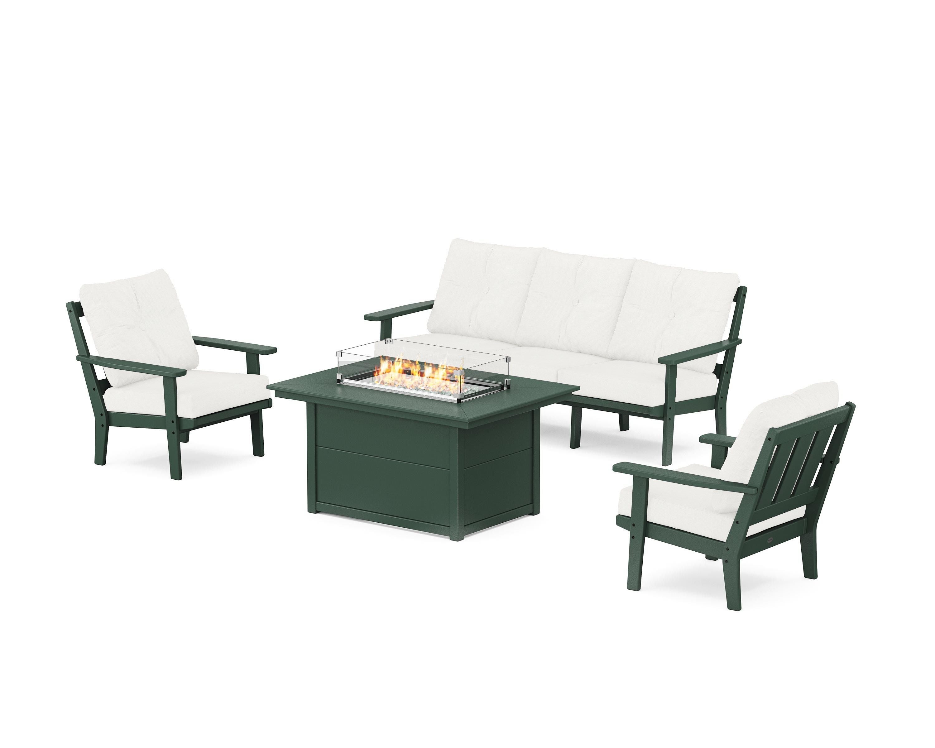 POLYWOOD Oxford Deep Seating Fire Pit Table Set in Green / Natural Linen