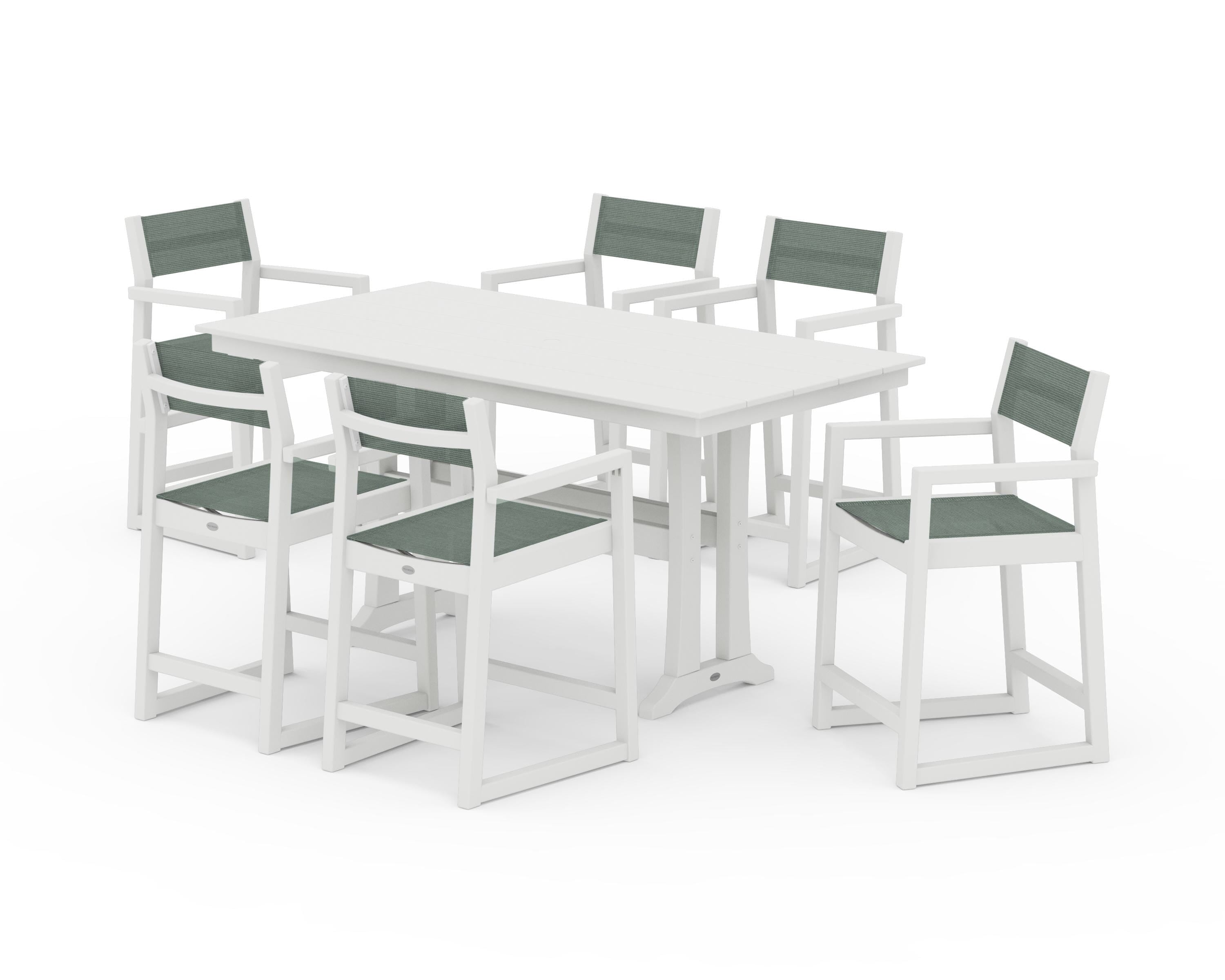 POLYWOOD EDGE Sling Arm Chair 7-Piece Farmhouse Counter Set with Trestle Legs in Vintage White / Dupioni Sea Mist Sling