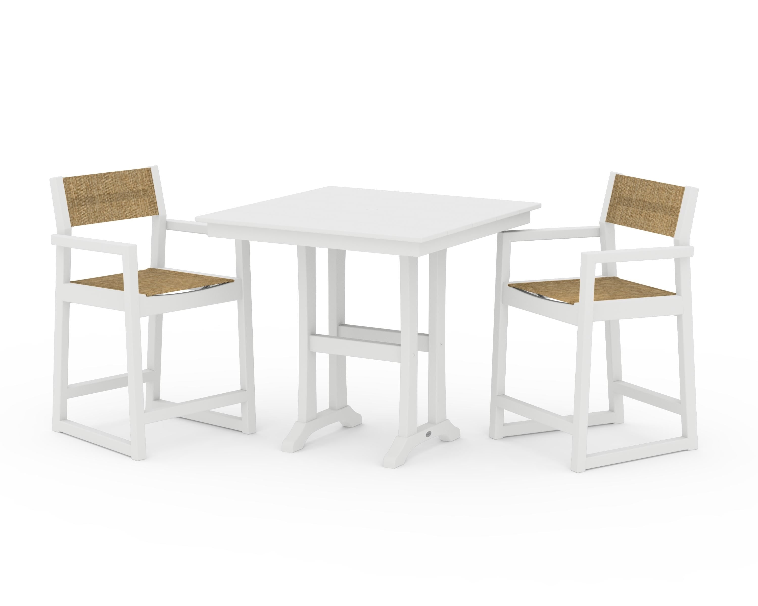 POLYWOOD EDGE Sling Arm Chair 3-Piece Farmhouse Counter Set with Trestle Legs in White / Burlap Sling