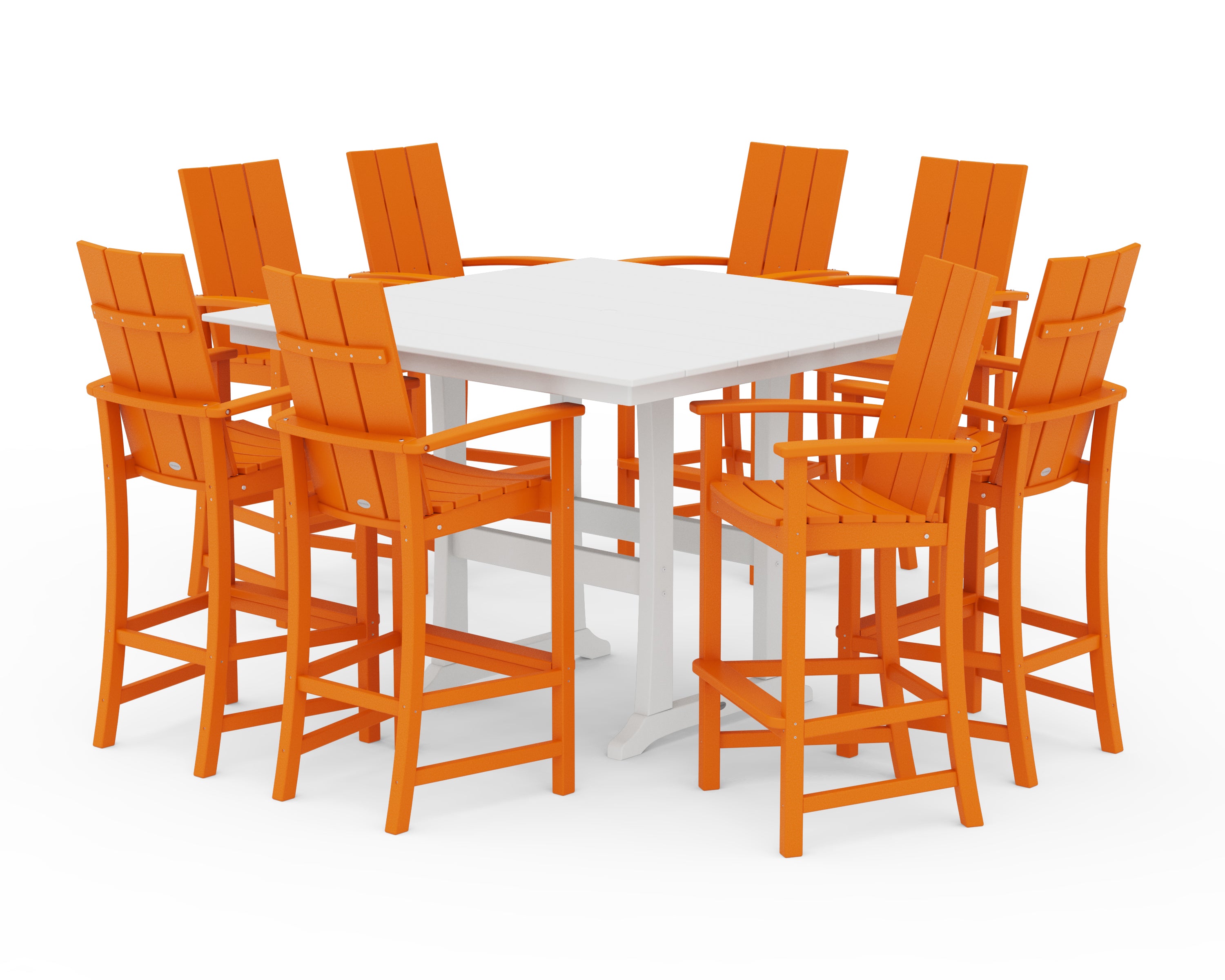 POLYWOOD Modern Adirondack 9-Piece Farmhouse Trestle Bar Set in Tangerine / White