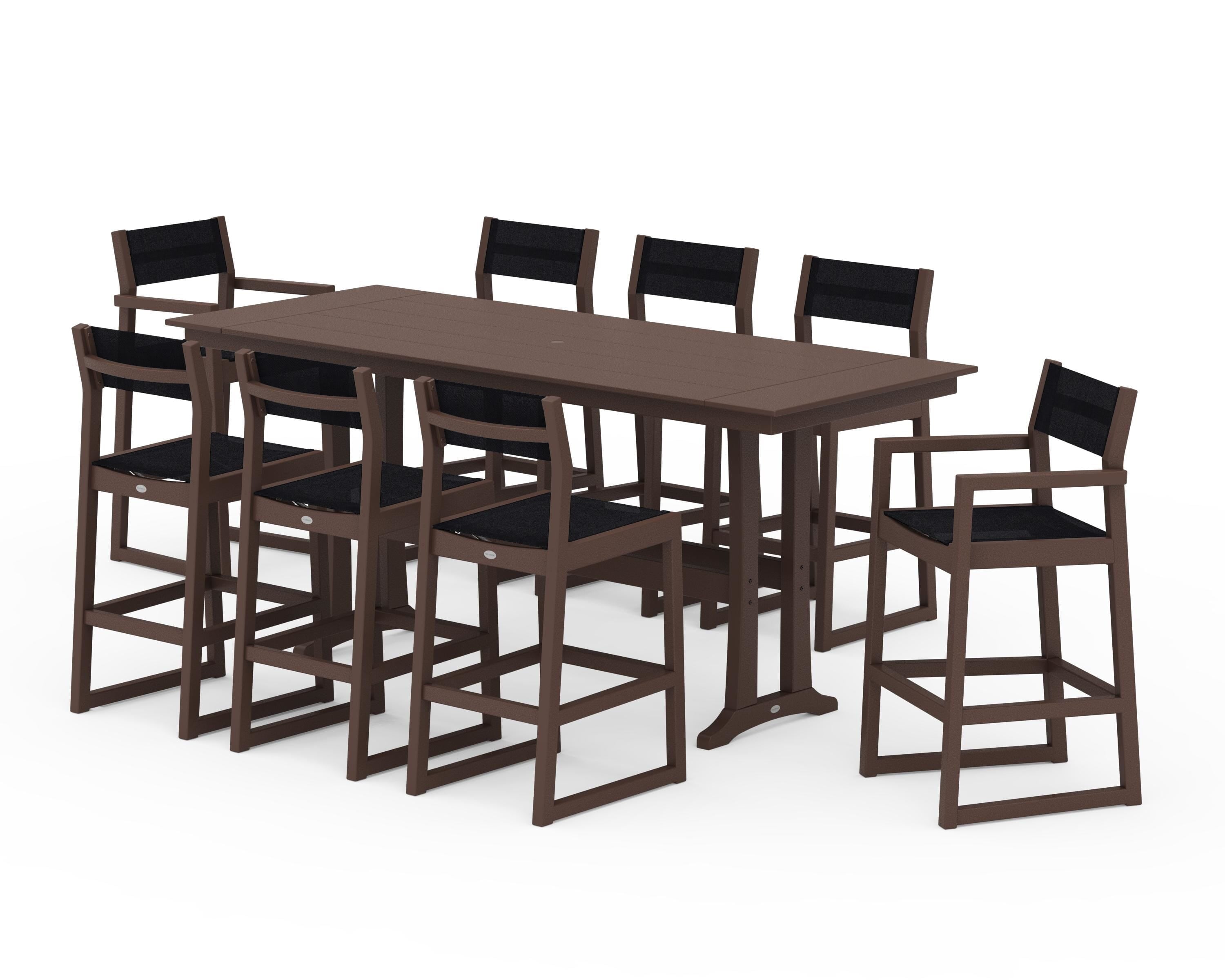 POLYWOOD EDGE Sling 9-Piece Farmhouse Bar Set with Trestle Legs in Mahogany / Black Sling