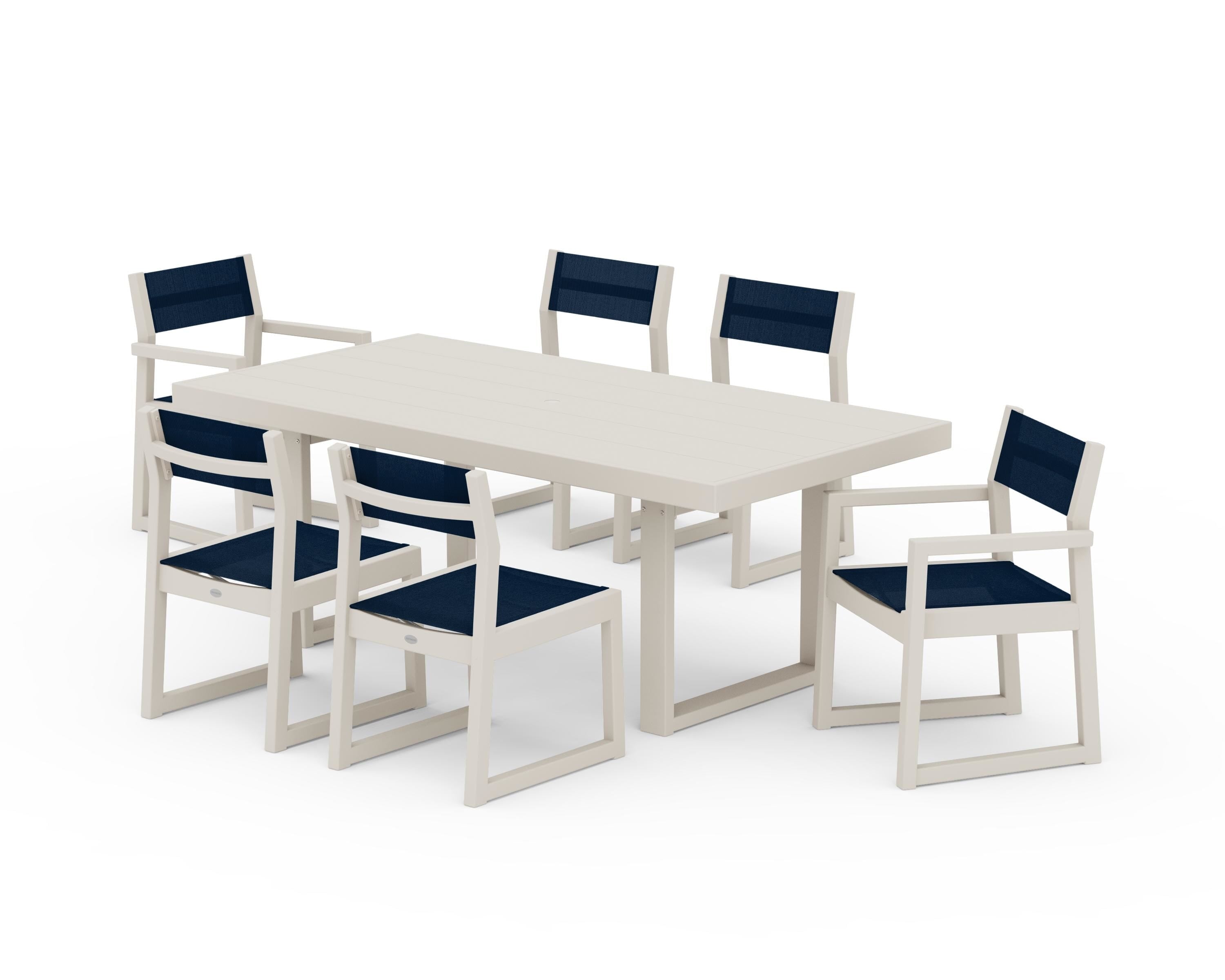 POLYWOOD EDGE Sling 7-Piece Dining Set in Sand / Navy Blue Sling