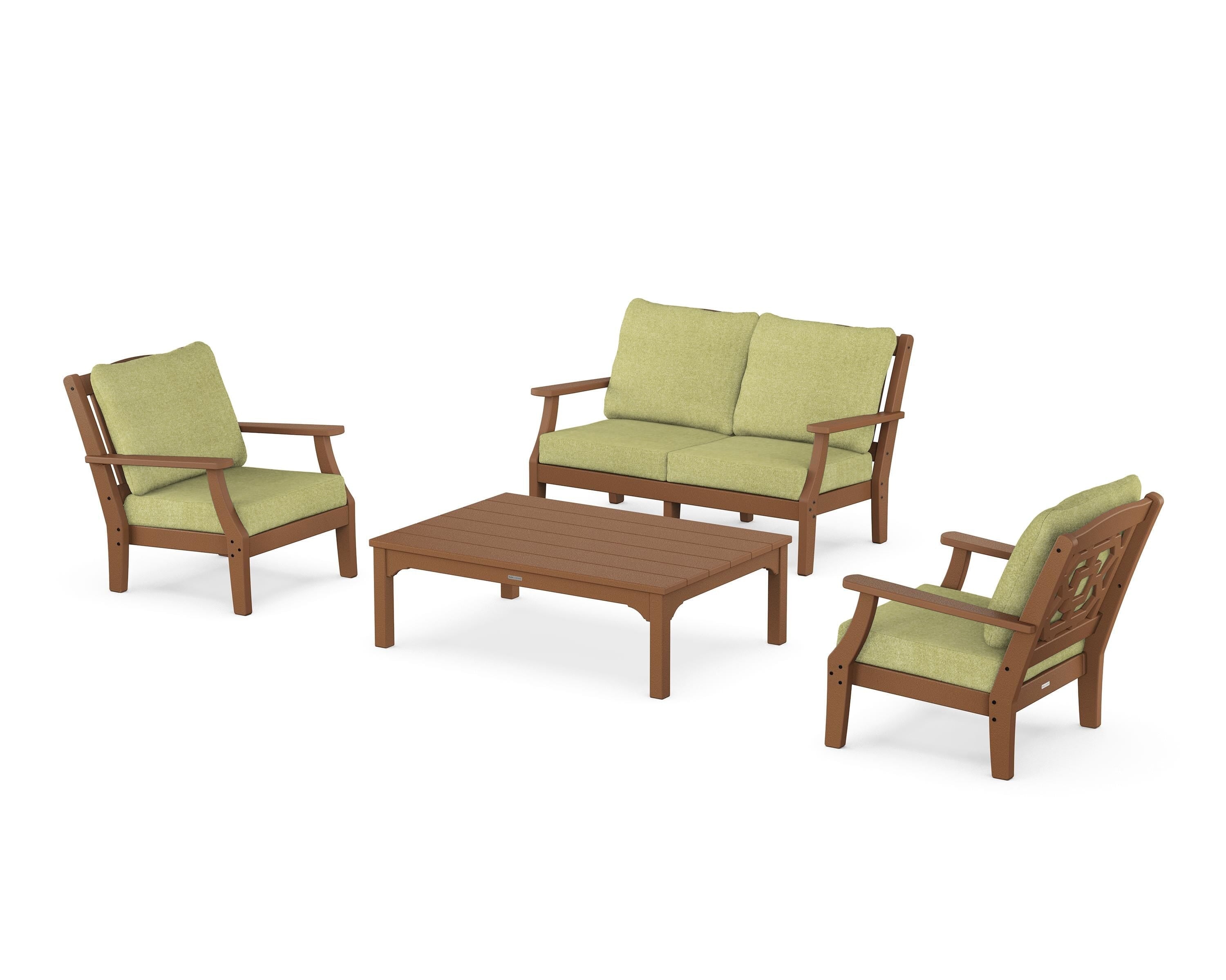 Martha Stewart by POLYWOOD Chinoiserie 4-Piece Deep Seating Set with Loveseat in Teak / Chartreuse Boucle