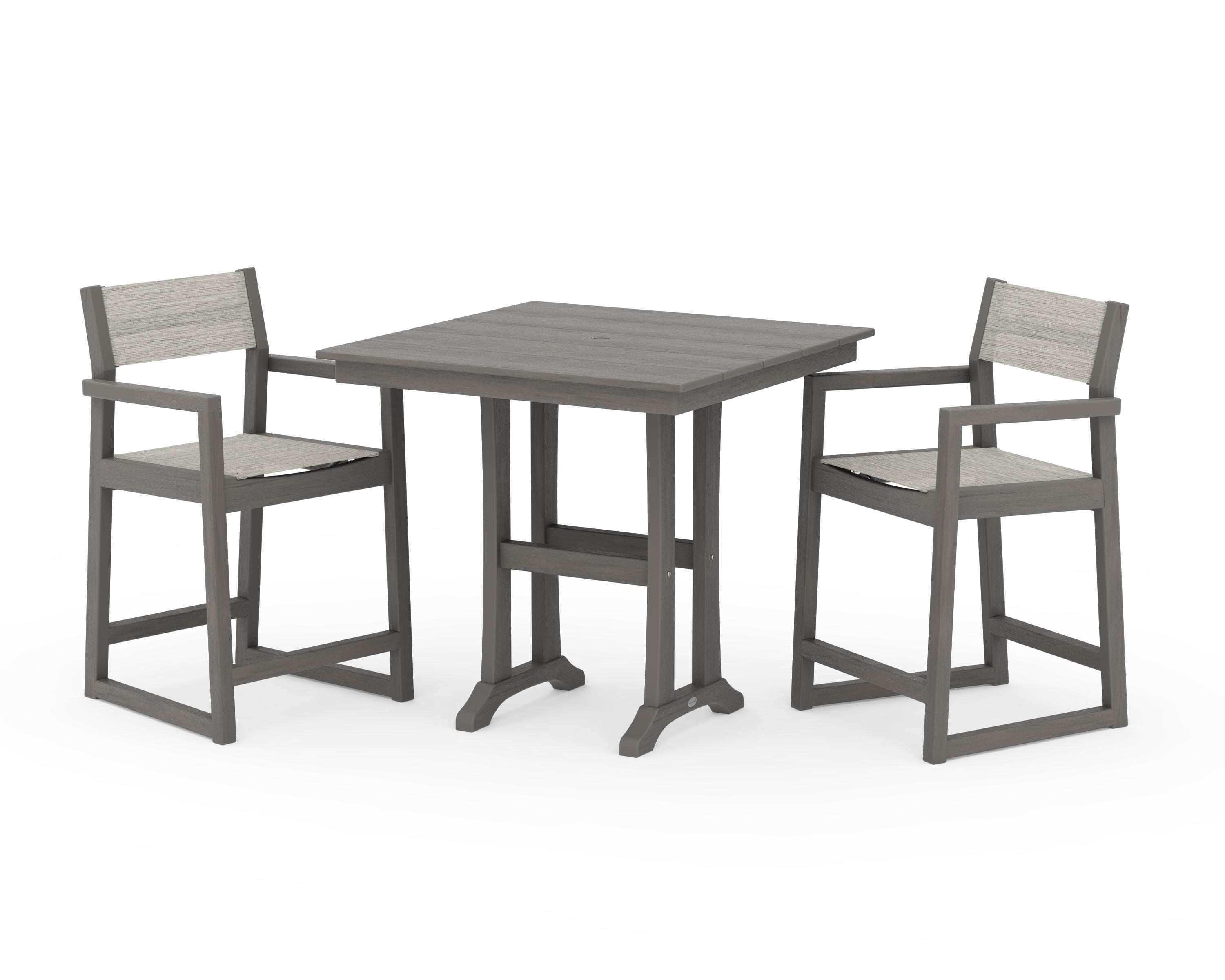 POLYWOOD EDGE Sling Arm Chair 3-Piece Farmhouse Counter Set with Trestle Legs in Driftwood / Birch Sling