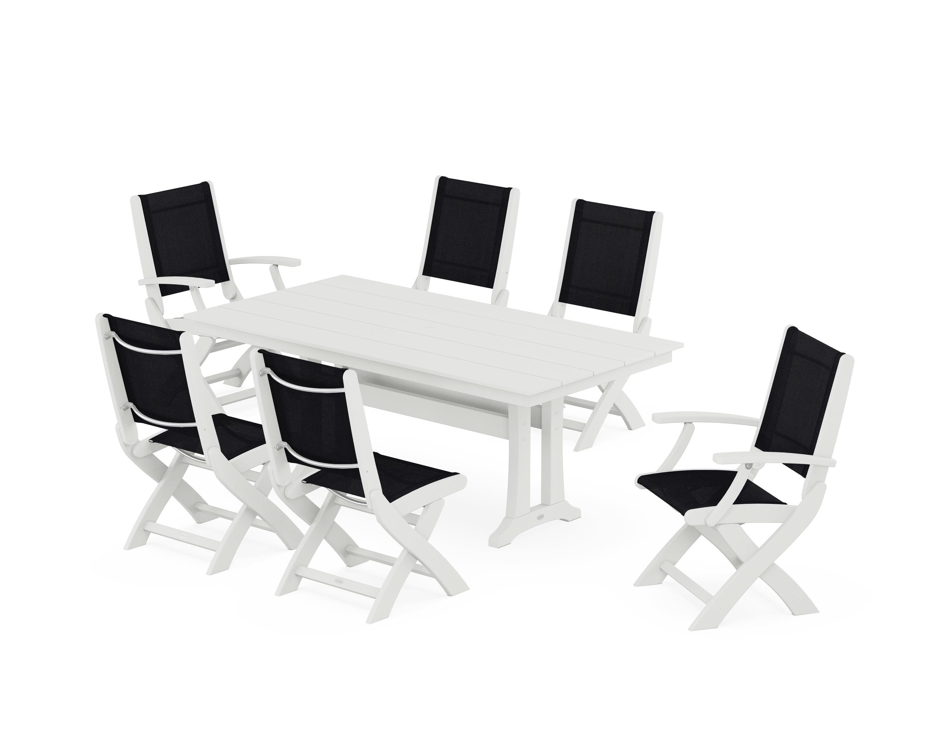 POLYWOOD Coastal Folding Chair 7-Piece Farmhouse Dining Set with Trestle Legs in Vintage White / Black Sling