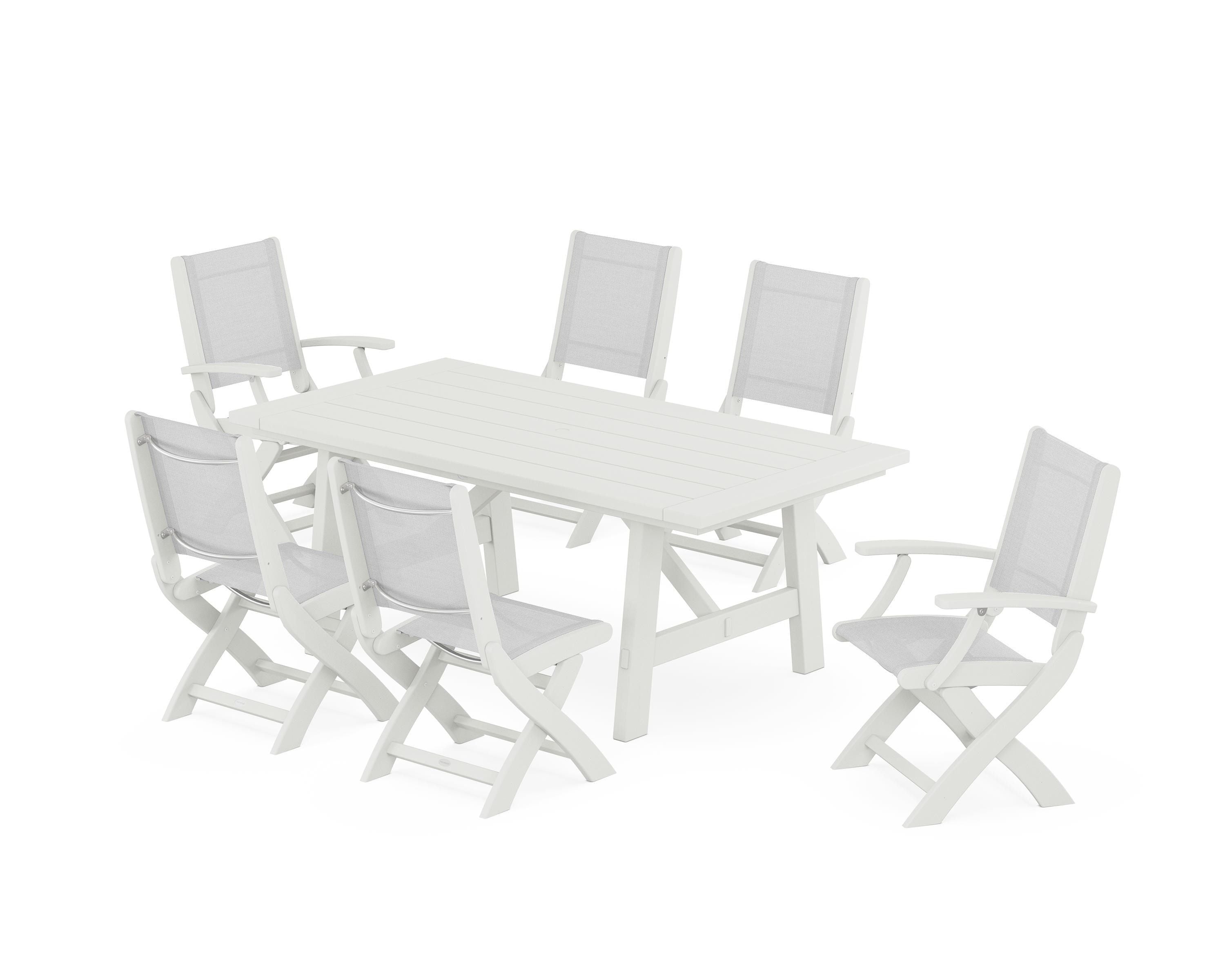 POLYWOOD Coastal Folding Chair 7-Piece Rustic Farmhouse Dining Set in Vintage White / White Sling