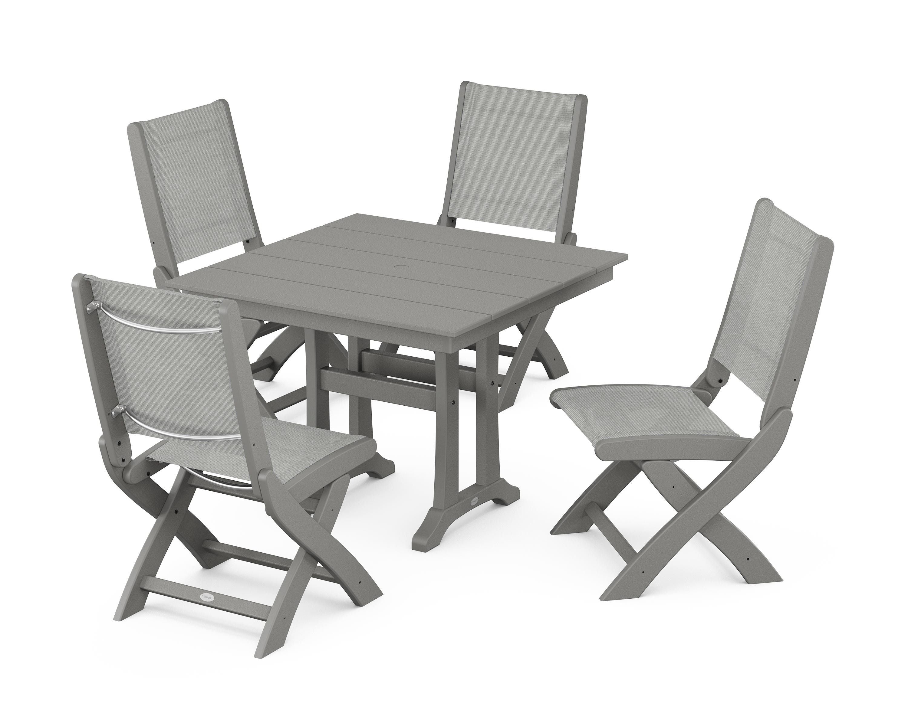 POLYWOOD Coastal Folding Side Chair 5-Piece Farmhouse Dining Set With Trestle Legs in Slate Grey / Metallic Sling