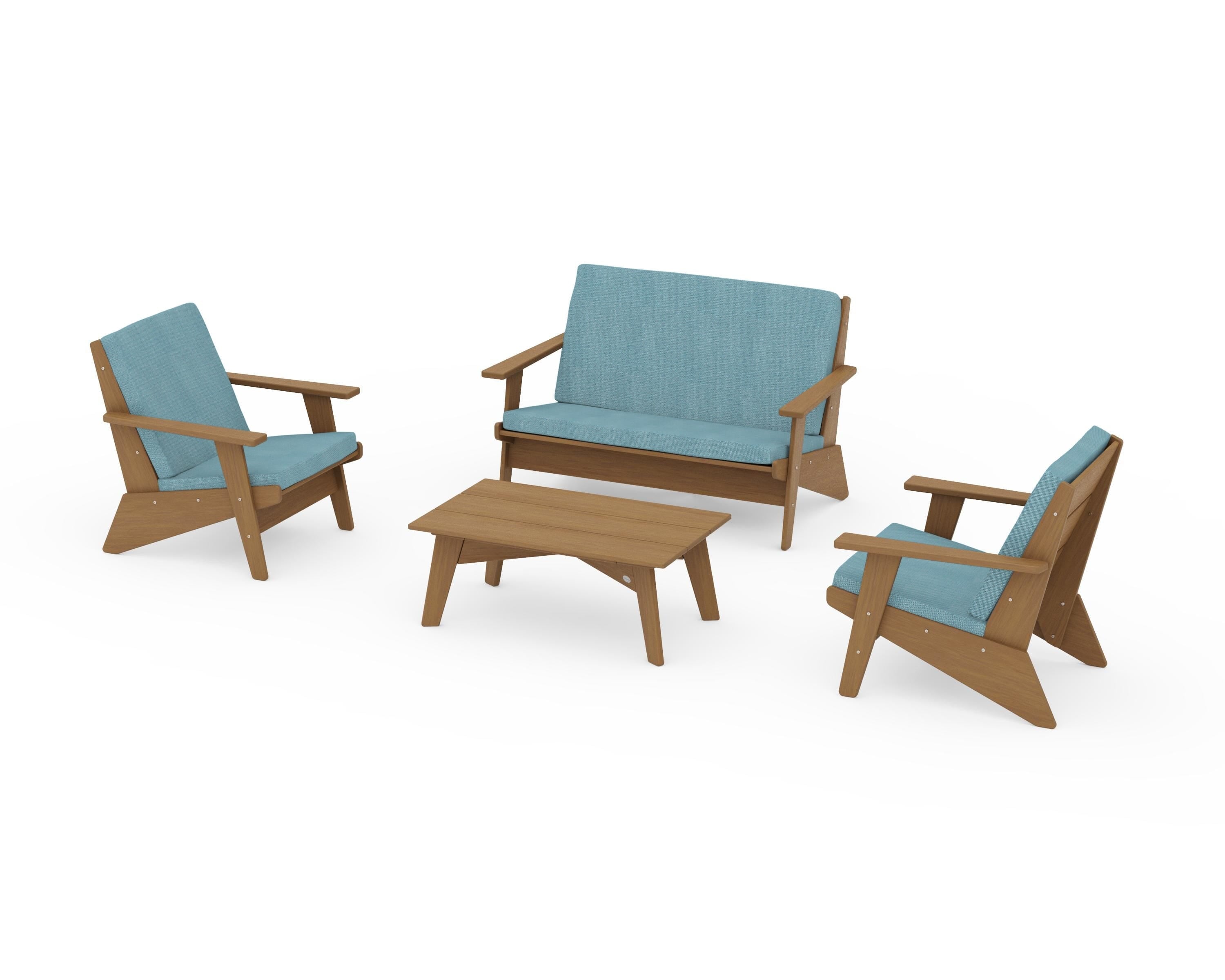 POLYWOOD Riviera Modern Lounge 4-Piece Set in Natural / Lattice Sky Blue