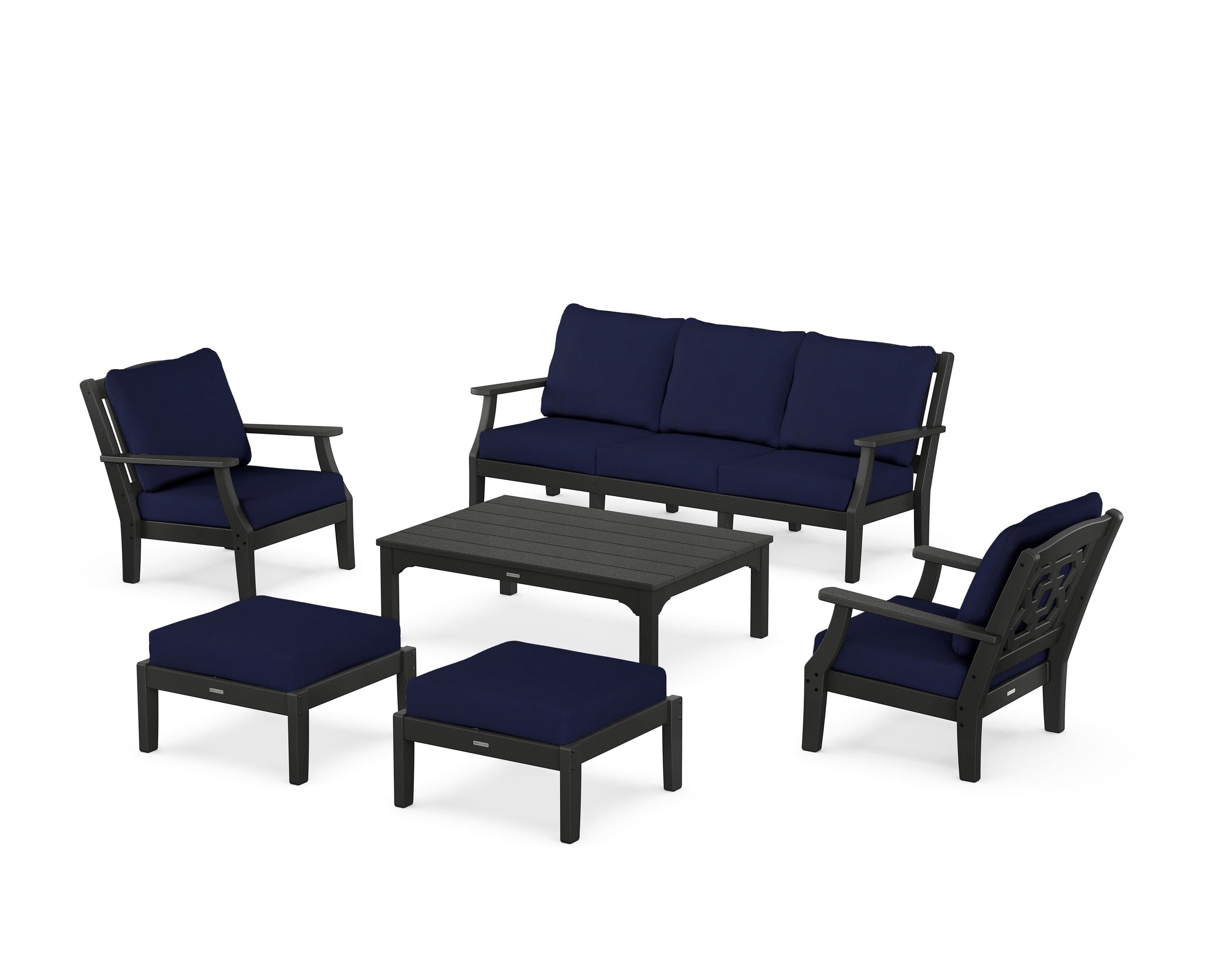 Martha Stewart by POLYWOOD Chinoiserie 6-Piece Lounge Sofa Set in Black / Navy