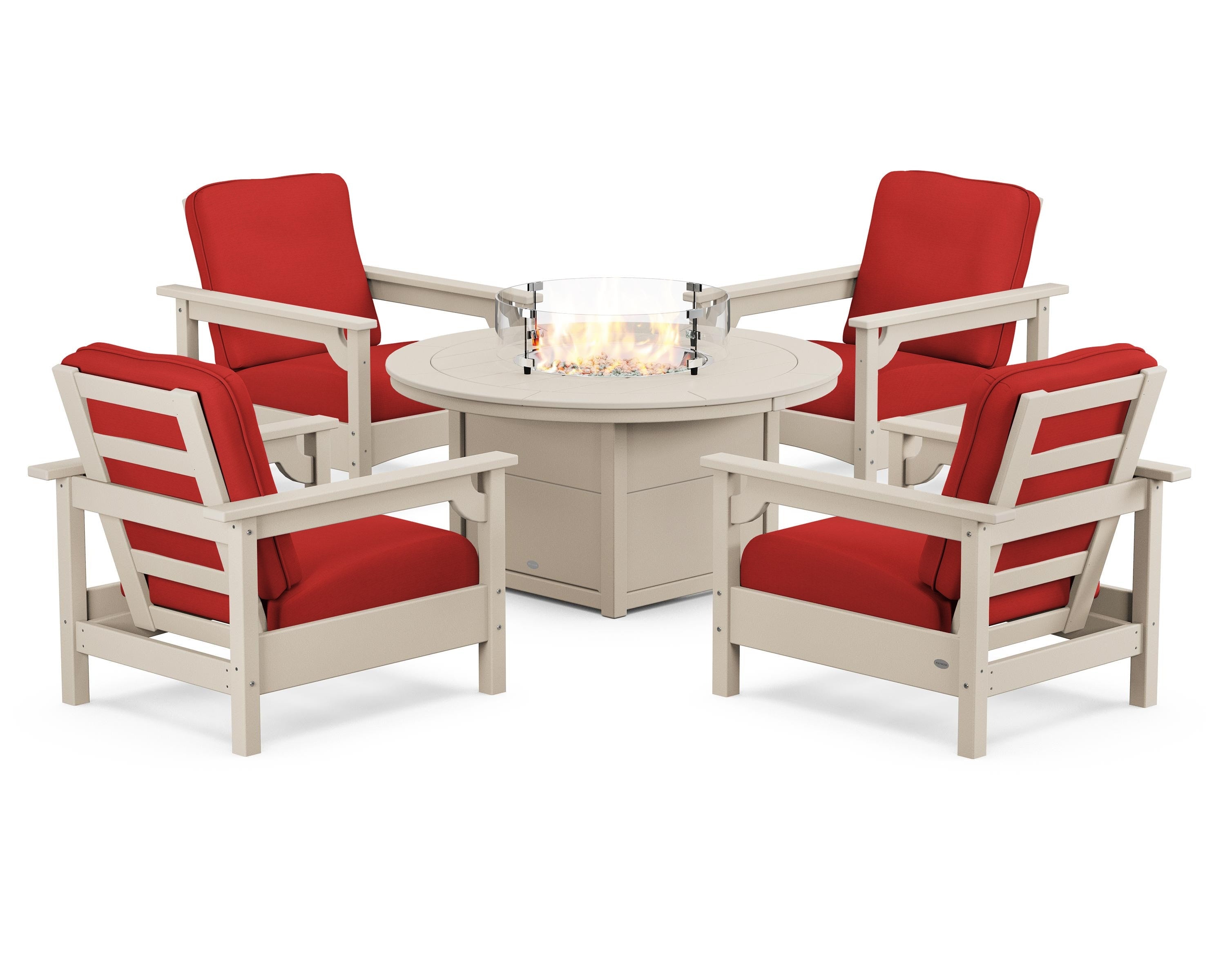 POLYWOOD Club 5-Piece Conversation Set with Fire Pit Table in Sand / Crimson Linen