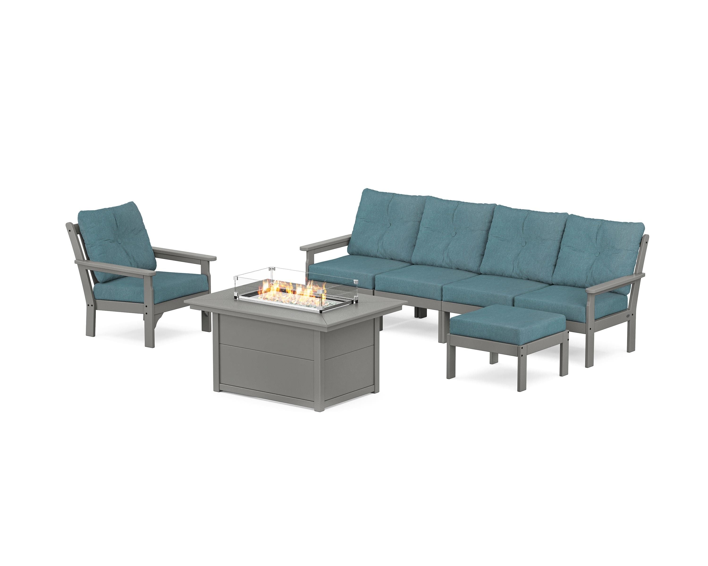 POLYWOOD Vineyard Sectional Lounge and Fire Pit Set in Slate Grey / Ocean Teal