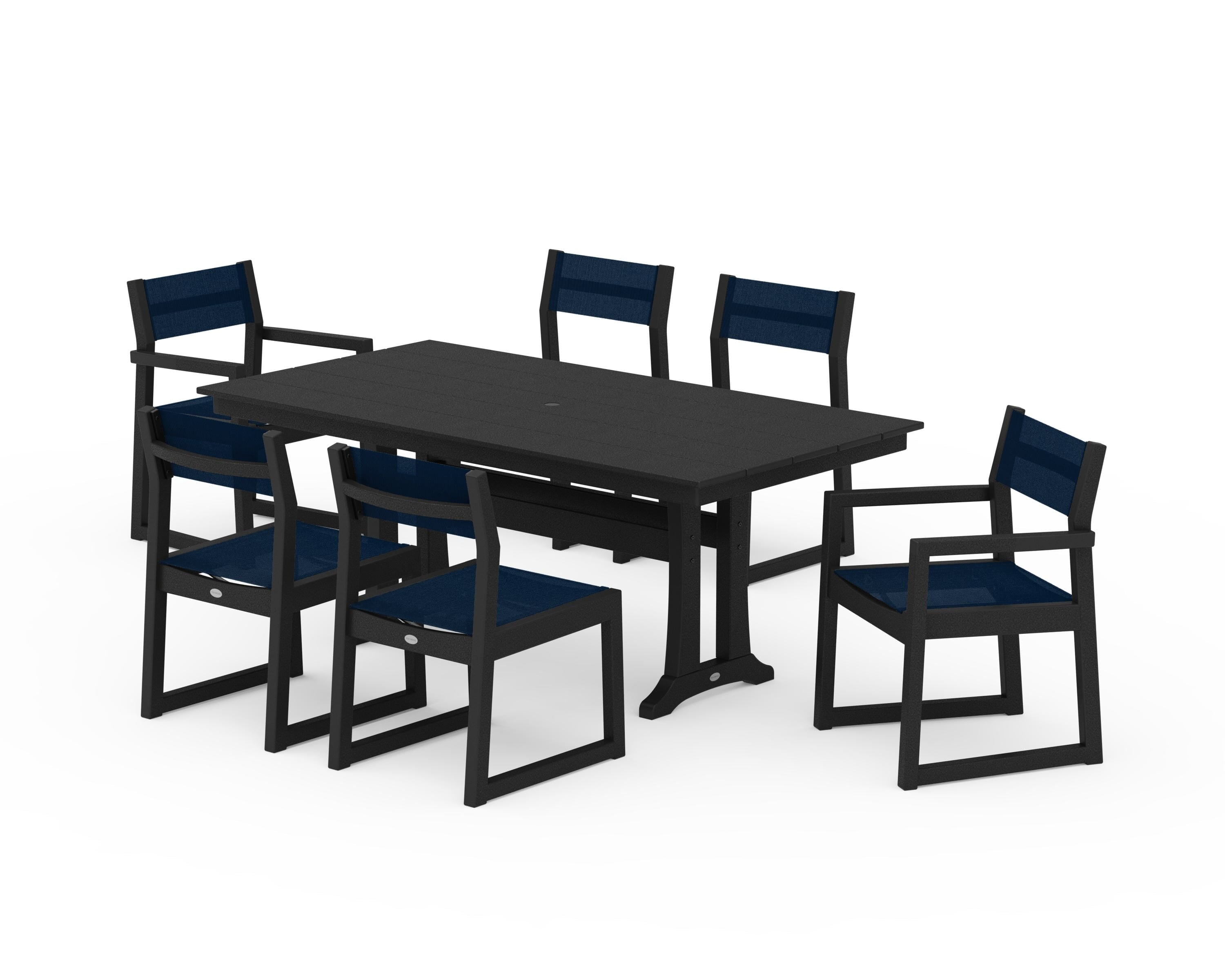POLYWOOD EDGE Sling 7-Piece Farmhouse Trestle Dining Set in Black / Navy Blue Sling