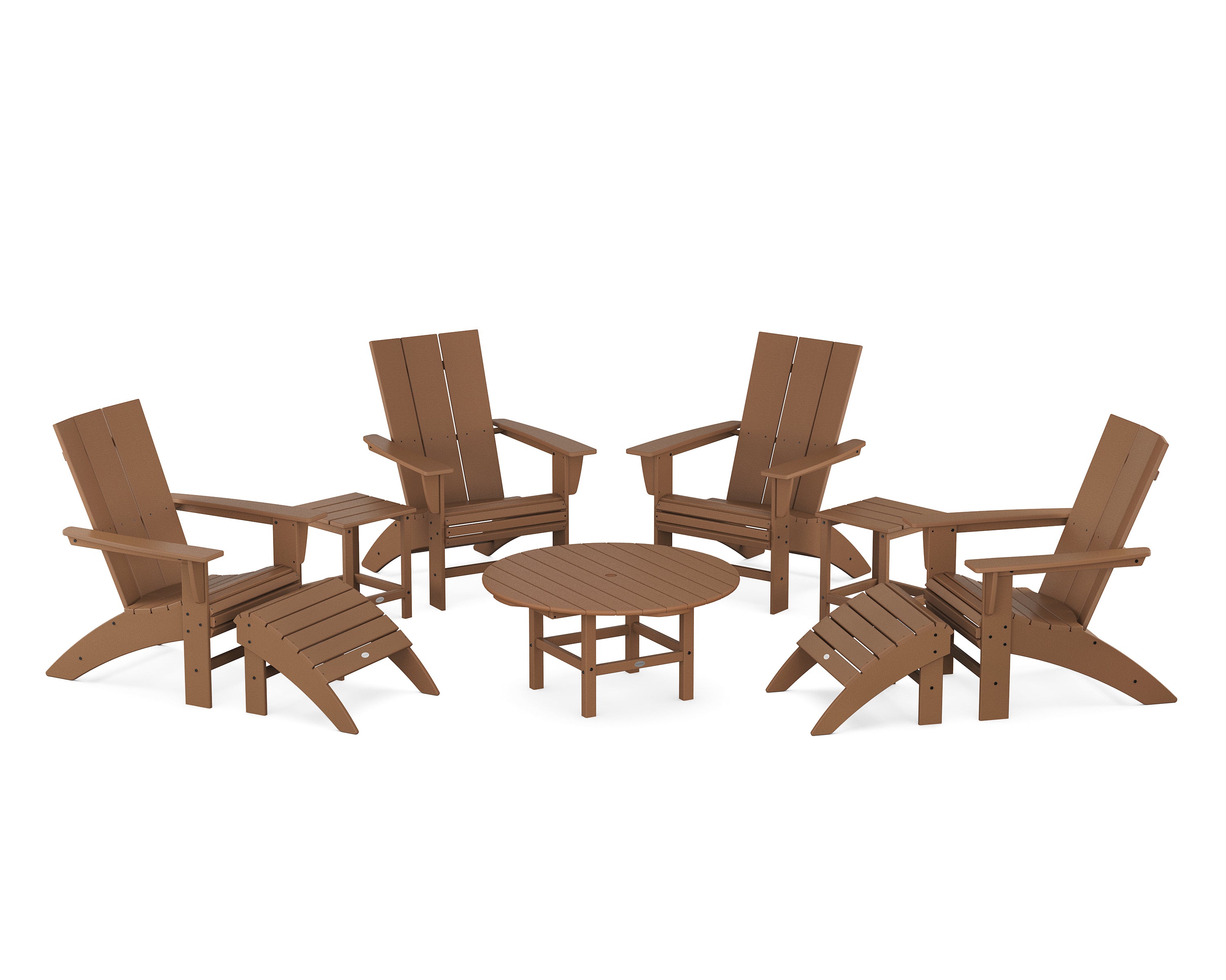 POLYWOOD® Modern Curveback Adirondack Chair 9-Piece Conversation Set in Teak