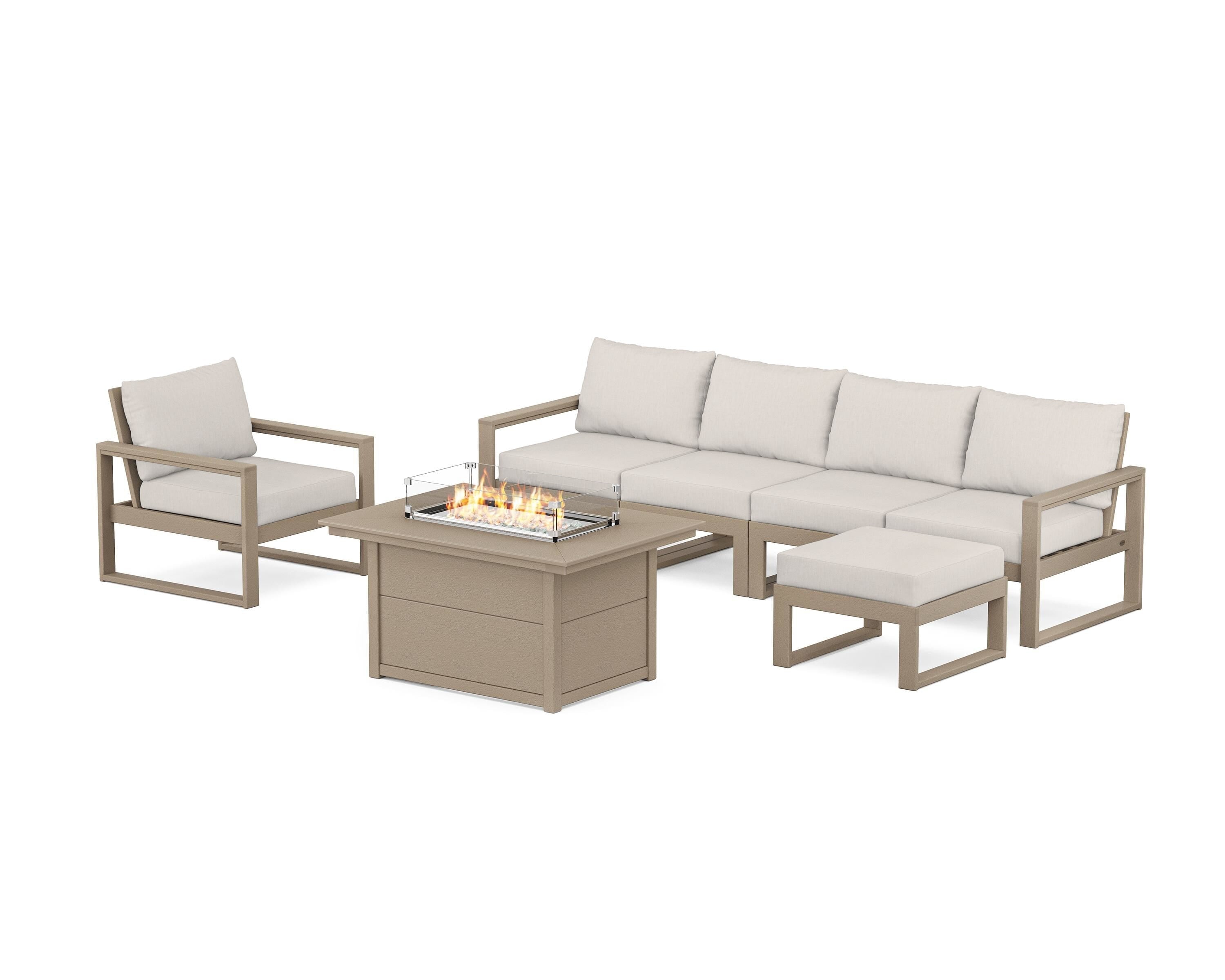 POLYWOOD EDGE Sectional Lounge and Fire Pit Set in Vintage Sahara / Cast Ash