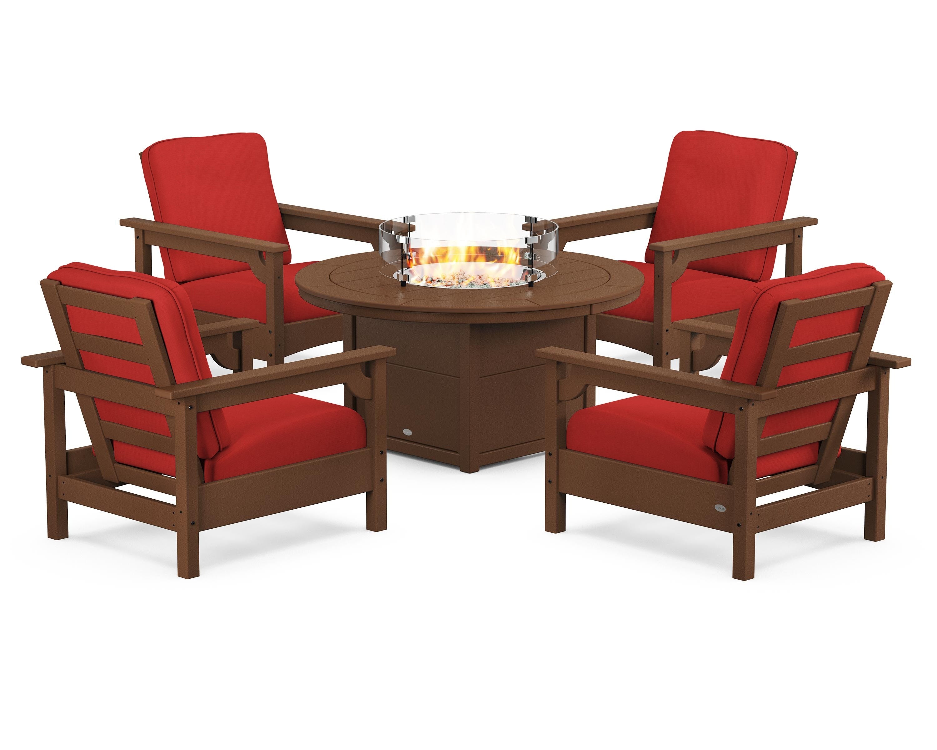 POLYWOOD Club 5-Piece Conversation Set with Fire Pit Table in Teak / Crimson Linen