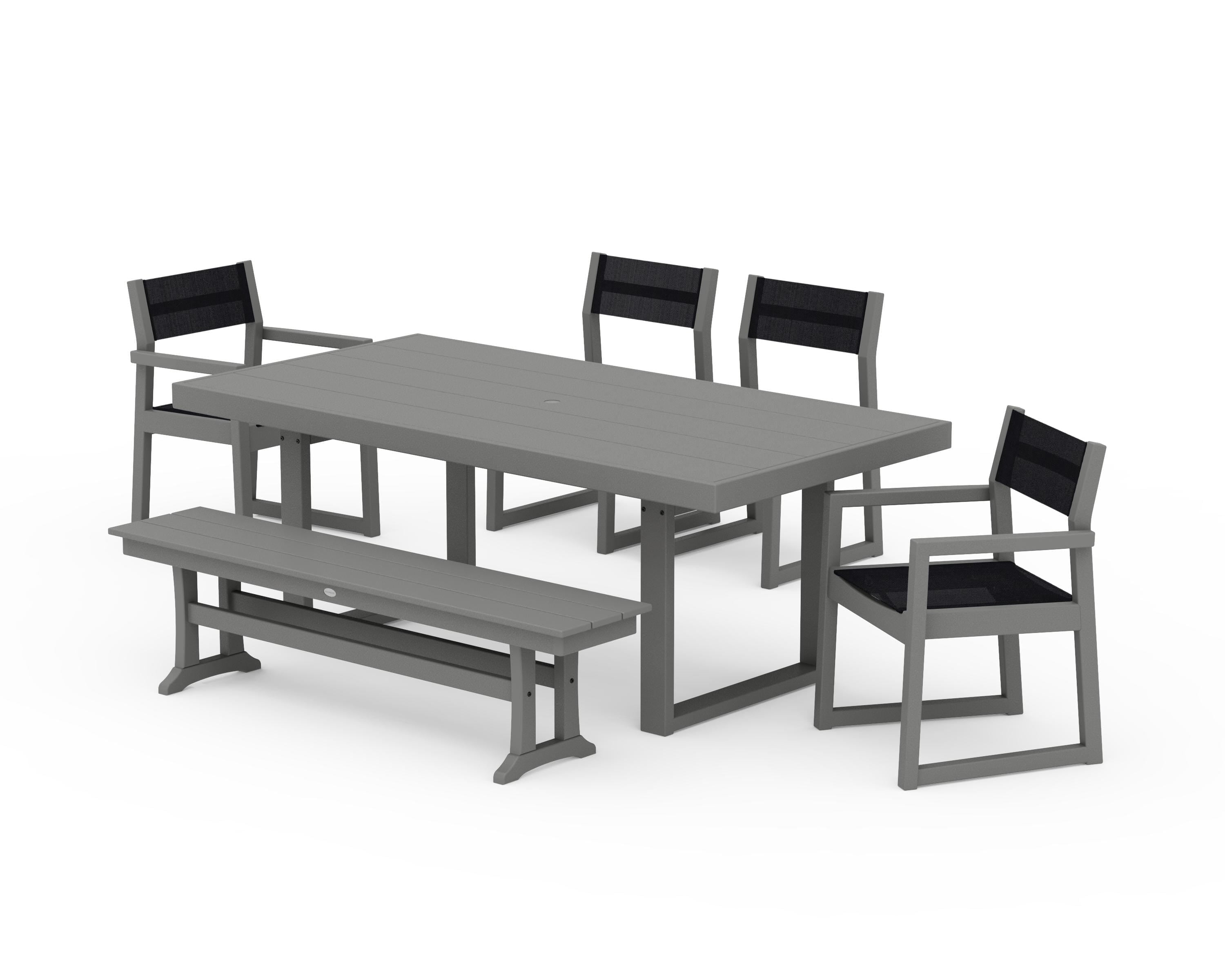 POLYWOOD EDGE Sling 6-Piece Dining Set with Bench in Slate Grey / Black Sling
