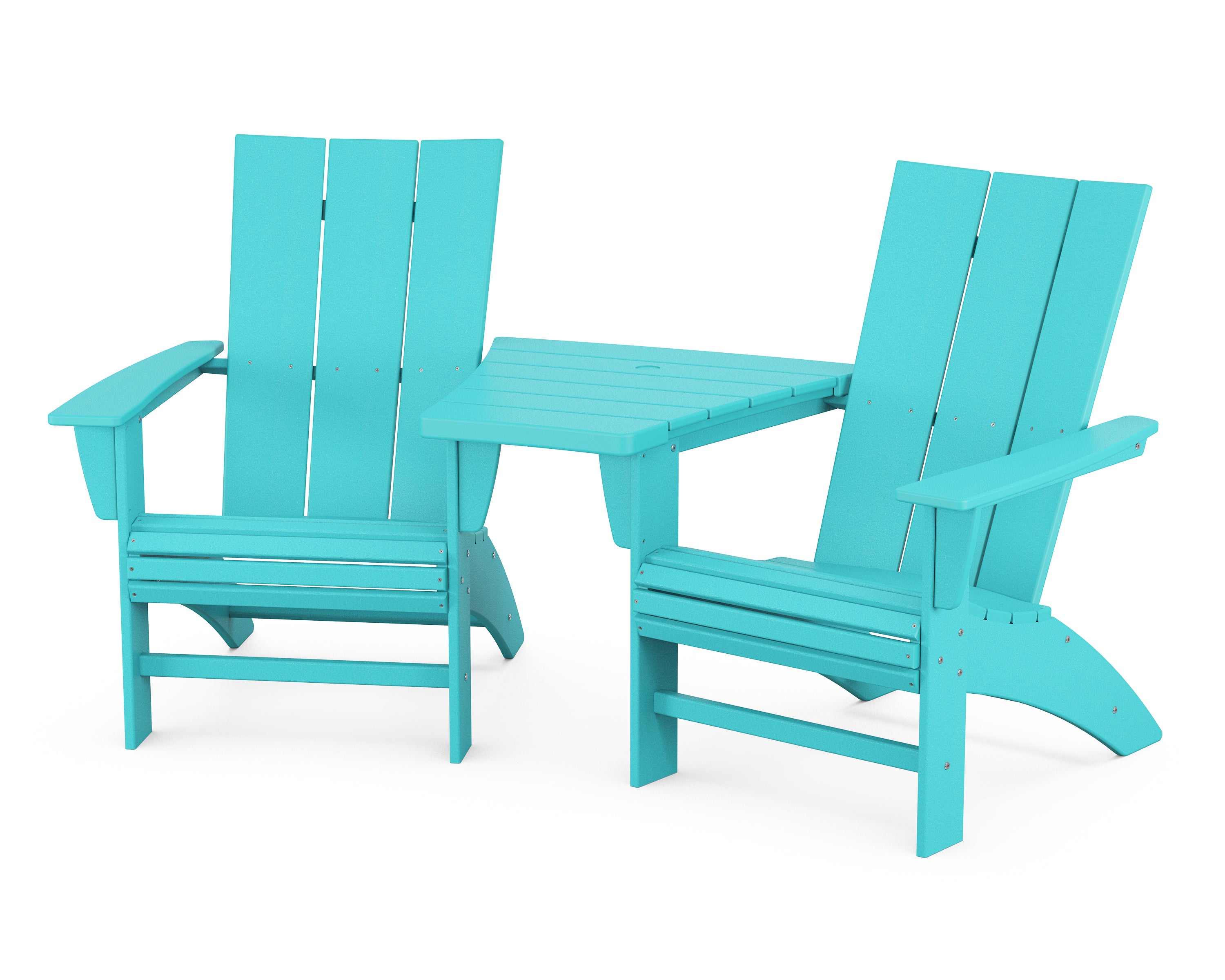 POLYWOOD® Modern 3-Piece Curveback Adirondack Set with Angled Connecting Table in Aruba