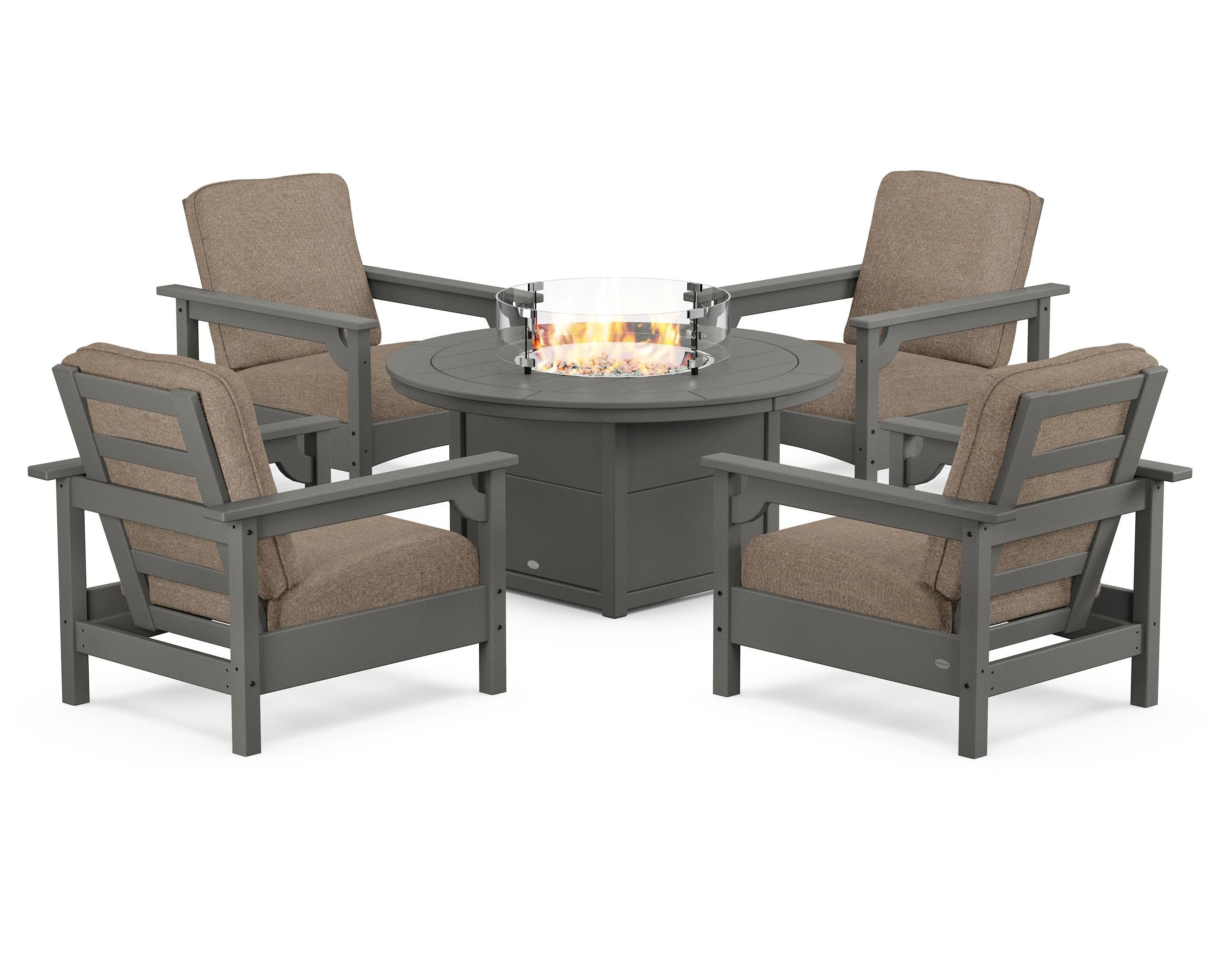 POLYWOOD Club 5-Piece Conversation Set with Fire Pit Table in Slate Grey / Spiced Burlap