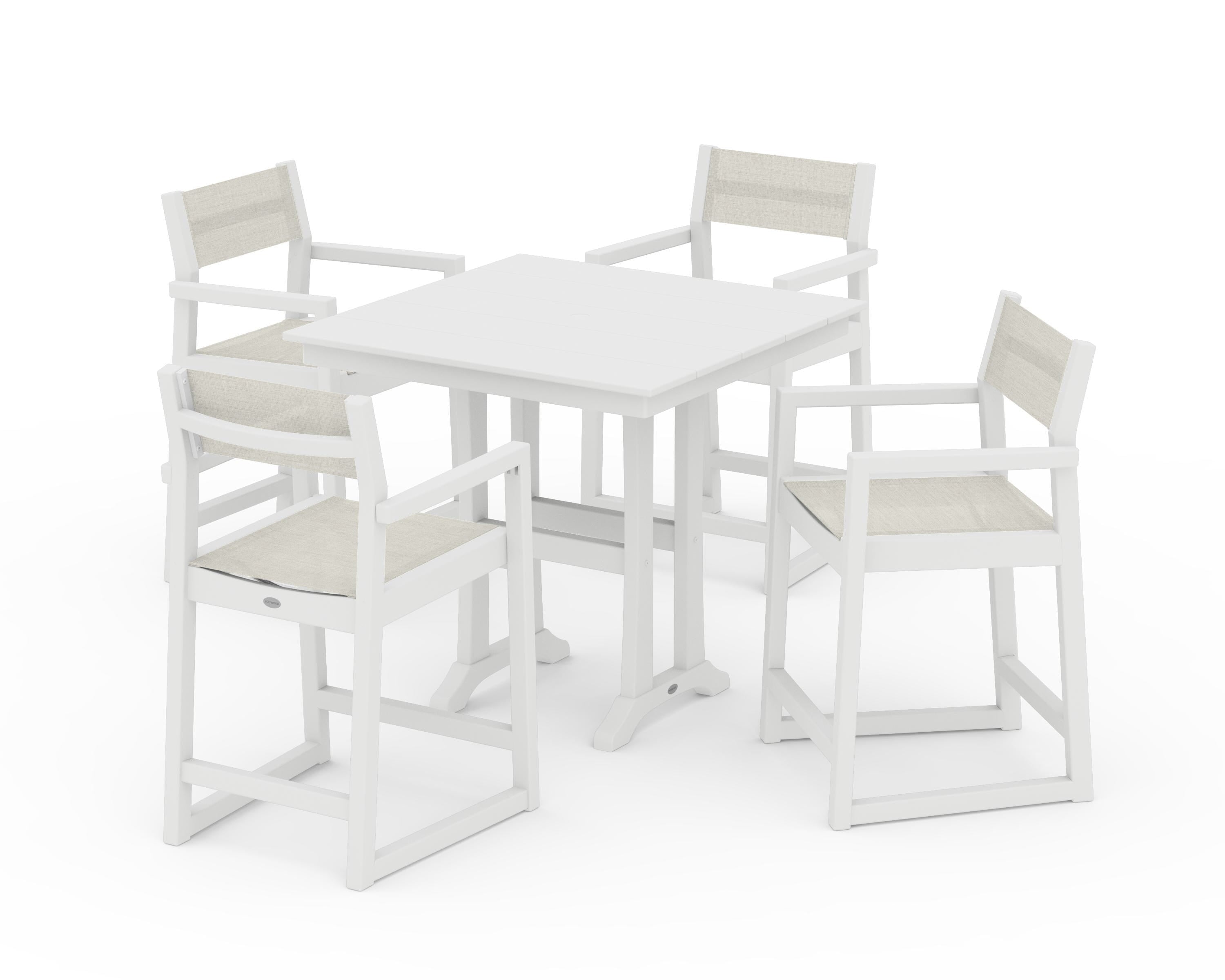 POLYWOOD EDGE Sling Arm Chair 5-Piece Farmhouse Counter Set with Trestle Legs in White / Parchment Sling