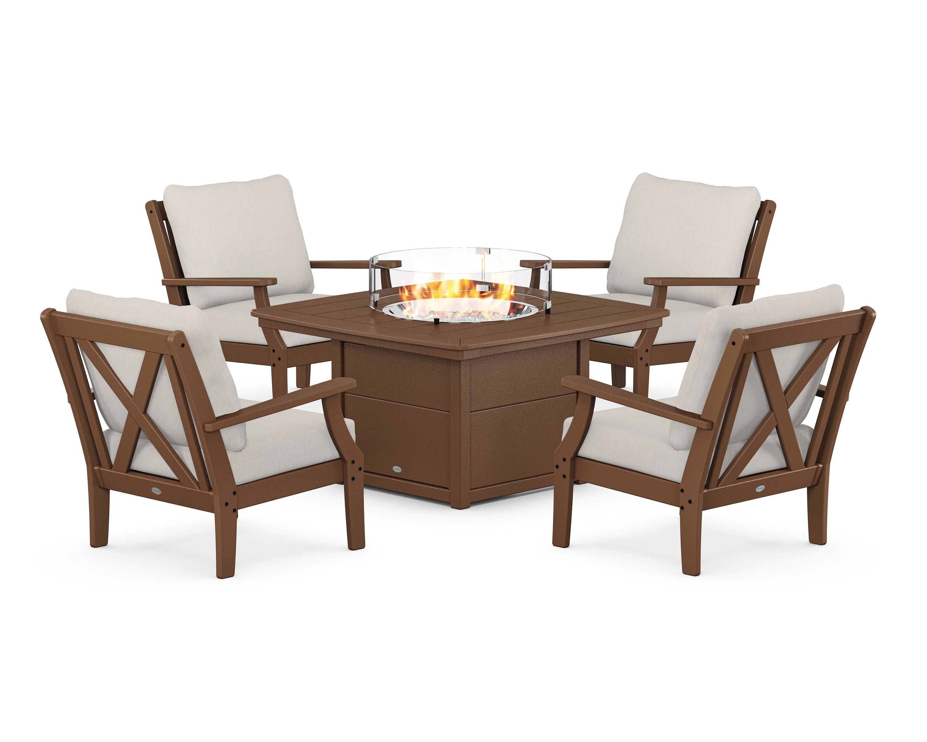 POLYWOOD Braxton 5-Piece Deep Seating Conversation Set with Fire Pit Table in Teak / Cast Ash