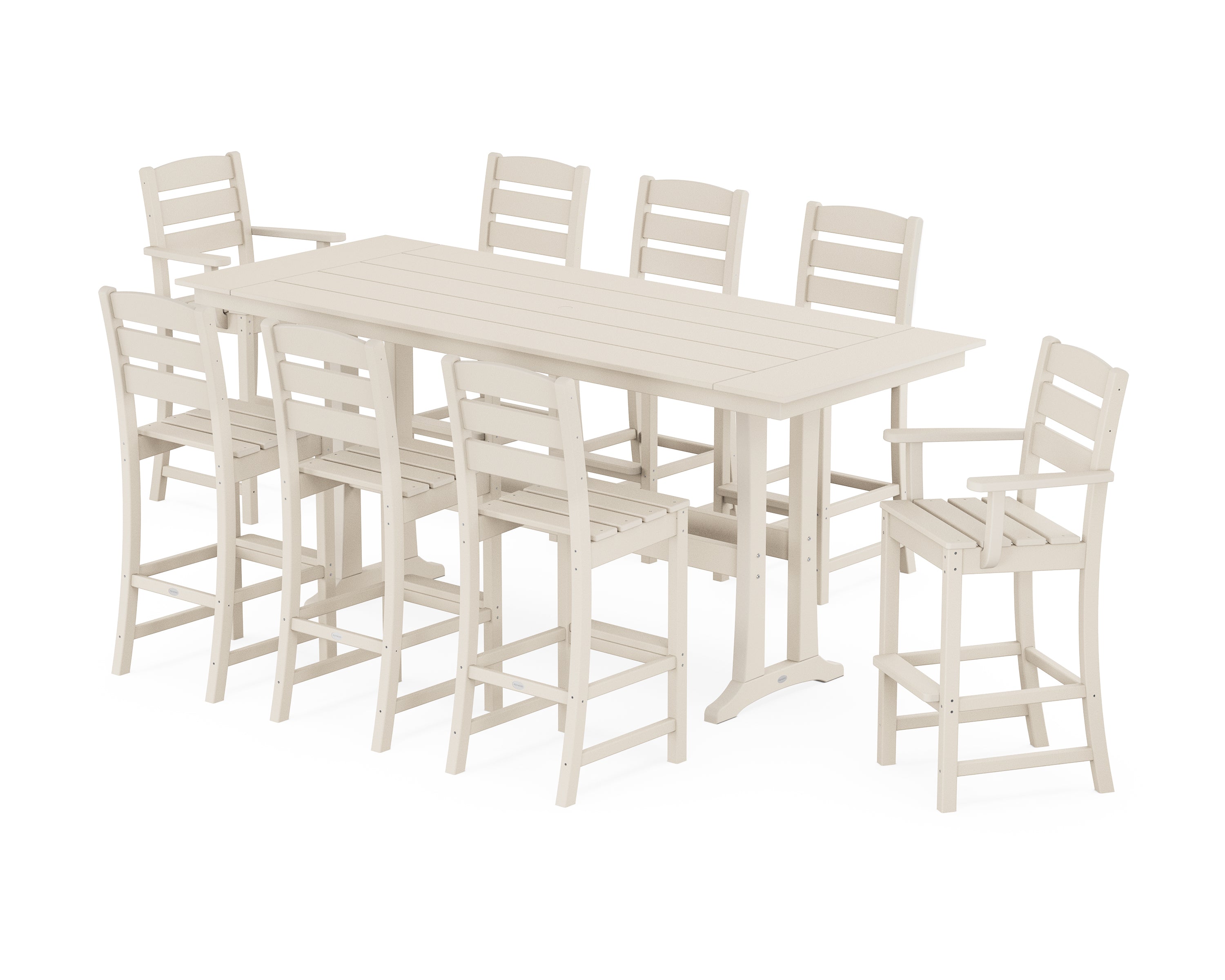 POLYWOOD Lakeside 9-Piece Farmhouse Bar Set with Trestle Legs in Sand
