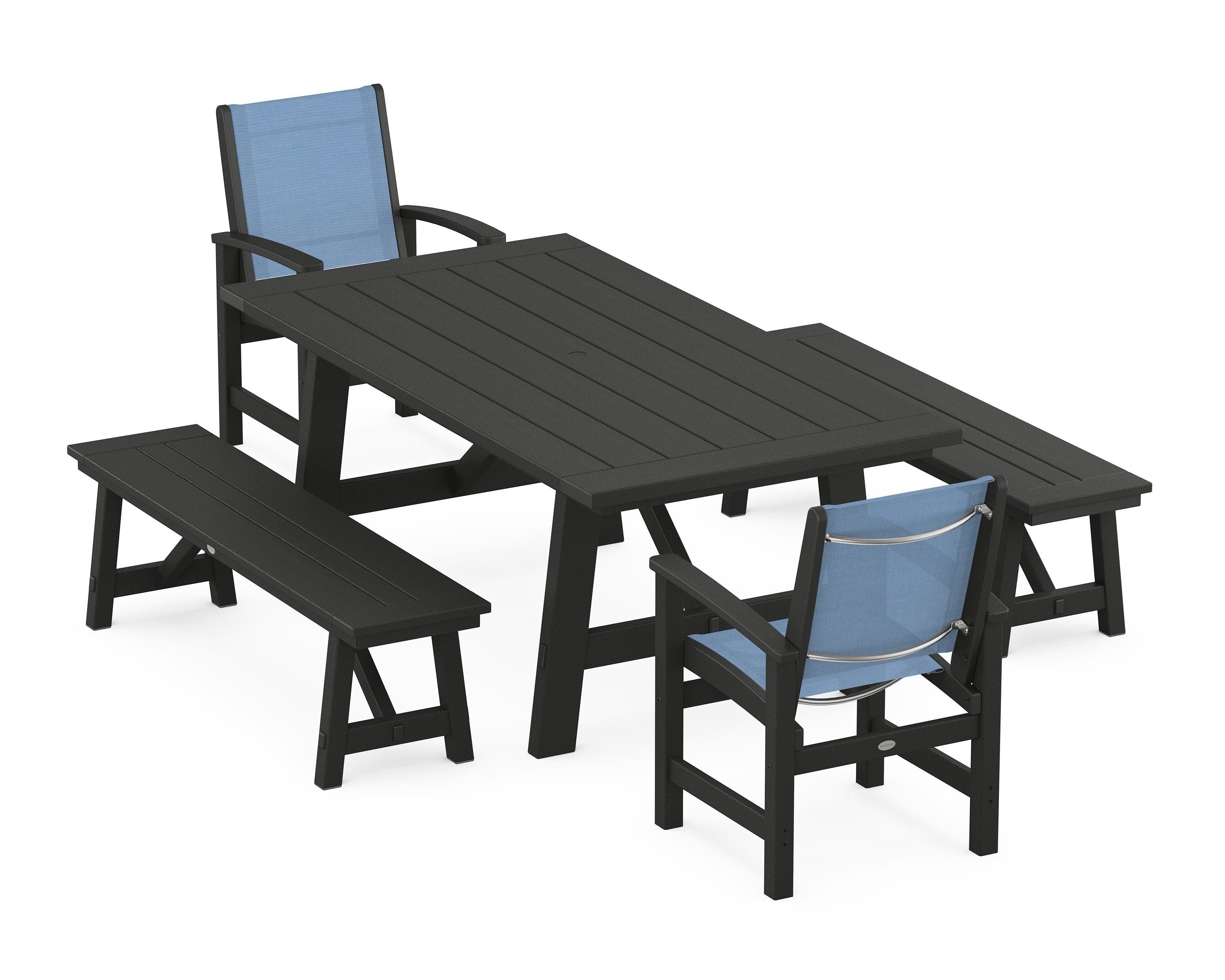POLYWOOD Coastal 5-Piece Rustic Farmhouse Dining Set With Benches in Black / Poolside Sling
