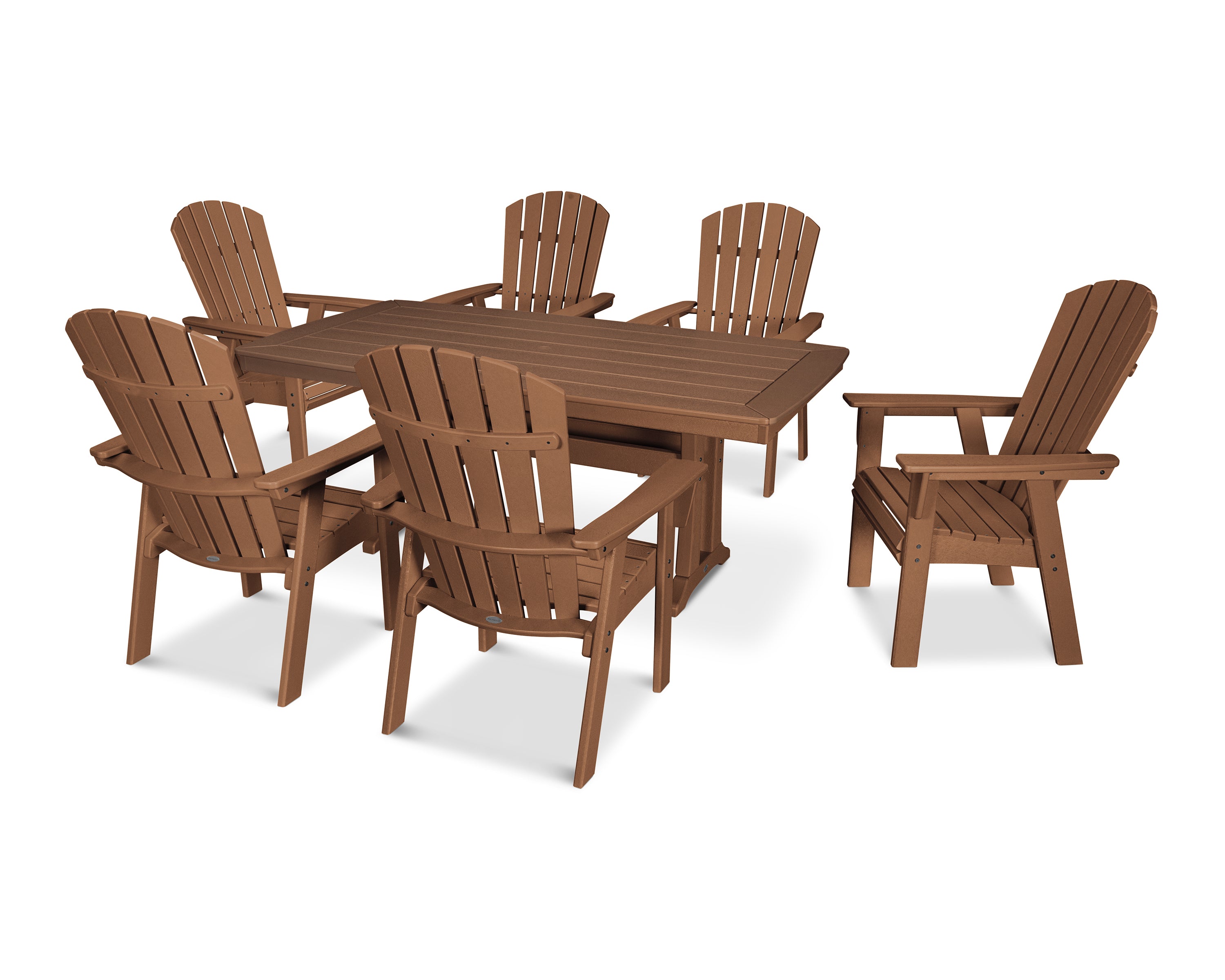 POLYWOOD Nautical Curveback Adirondack 7-Piece Dining Set with Trestle Legs in Teak