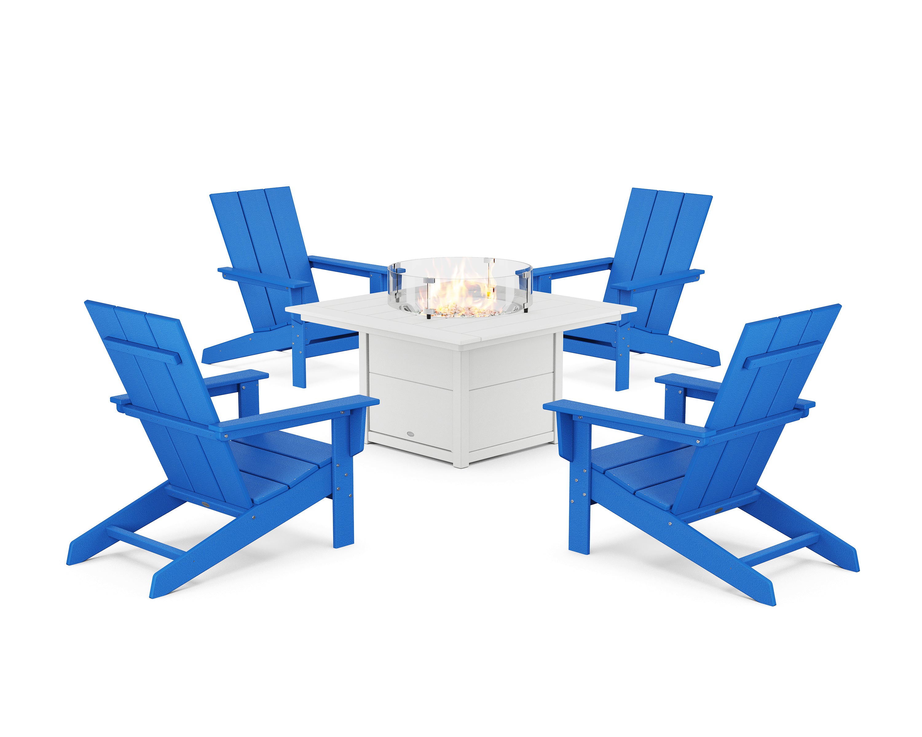 POLYWOOD 5-Piece Modern Studio Adirondack Conversation Set with Fire Pit Table in Pacific Blue / White