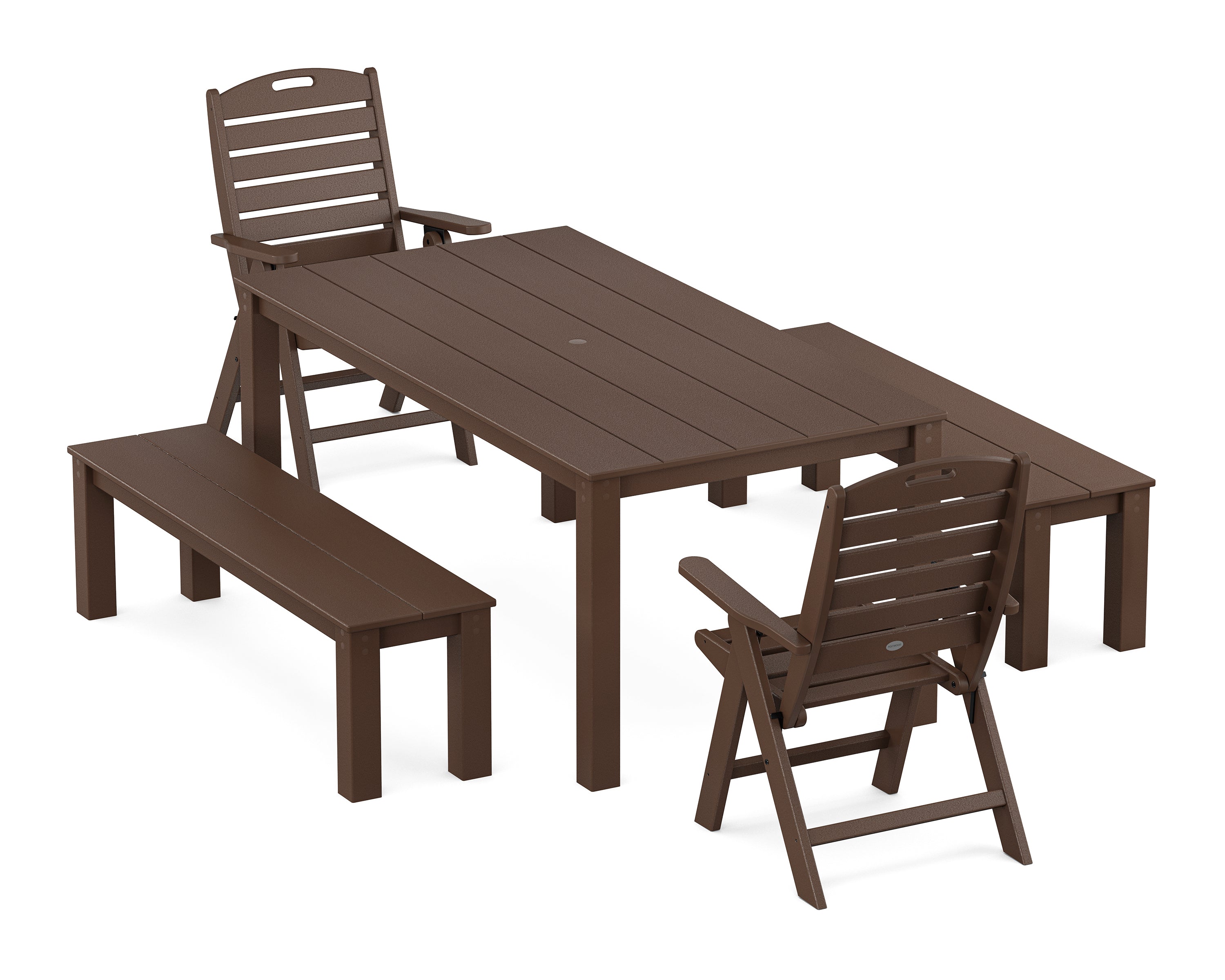 POLYWOOD Nautical Folding Highback Chair 5-Piece Parsons Dining Set with Benches in Mahogany
