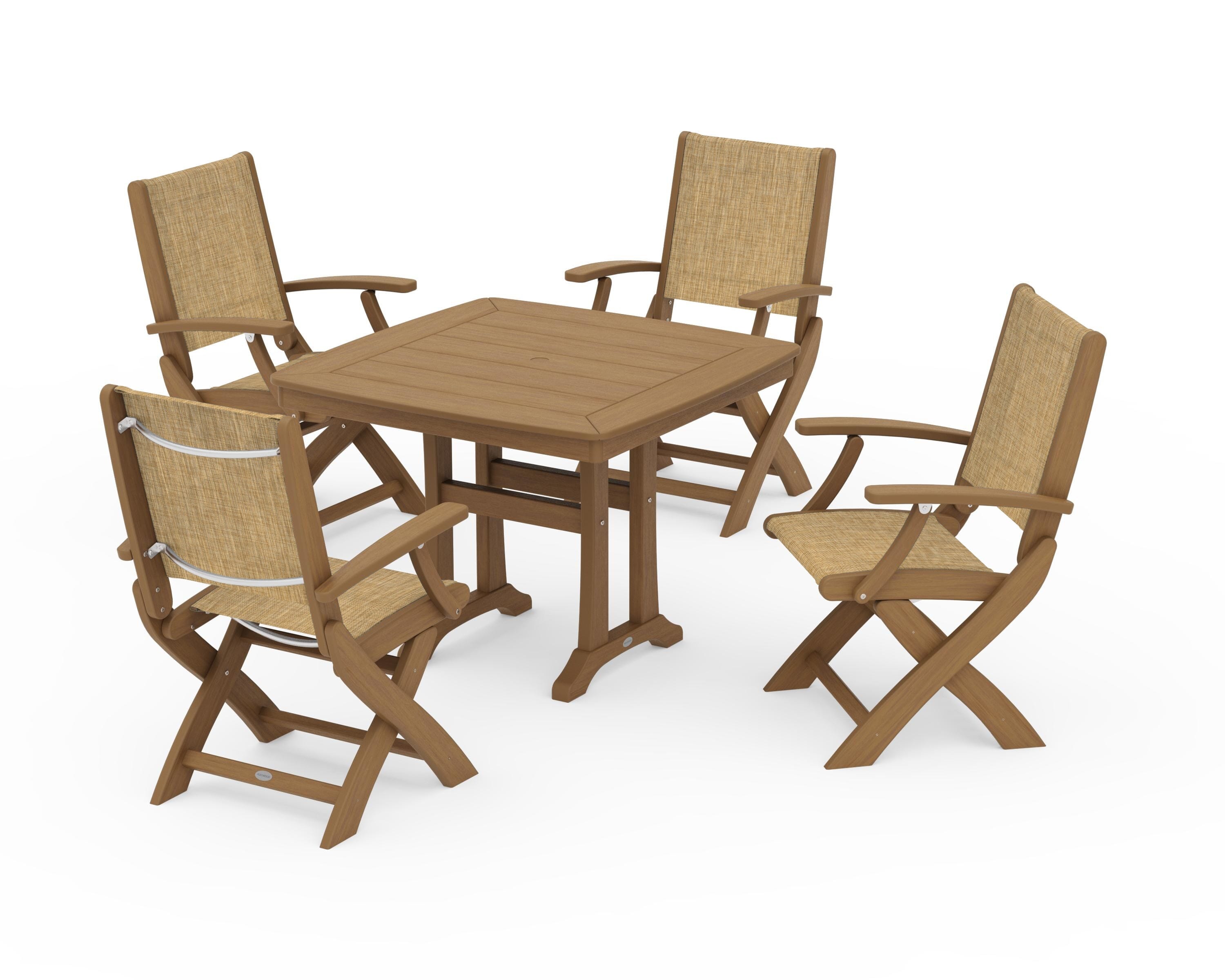 POLYWOOD Coastal Folding Chair 5-Piece Dining Set with Trestle Legs in Natural / Burlap Sling