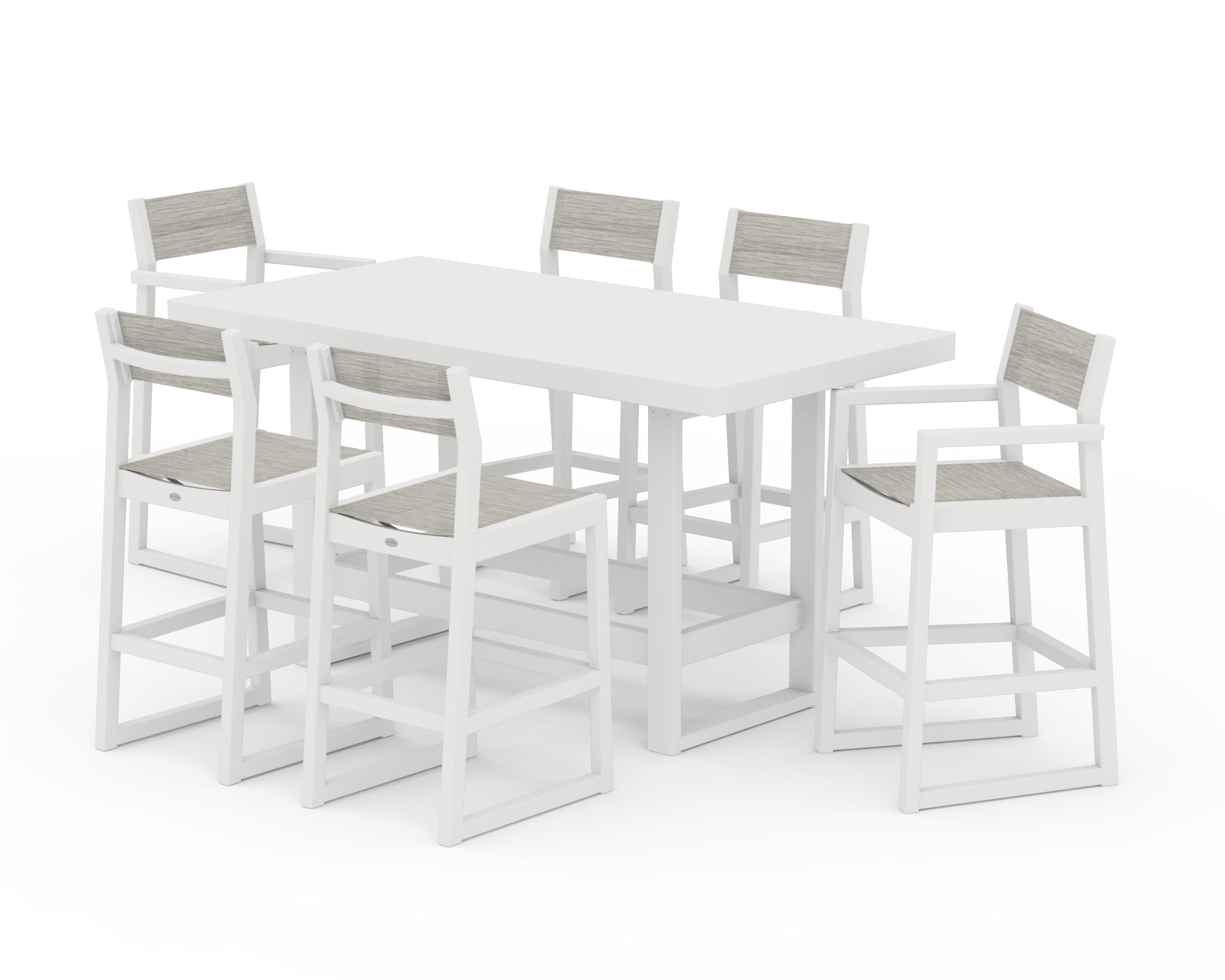 POLYWOOD EDGE Sling 7-Piece Bar Table Set in White / Birch Sling